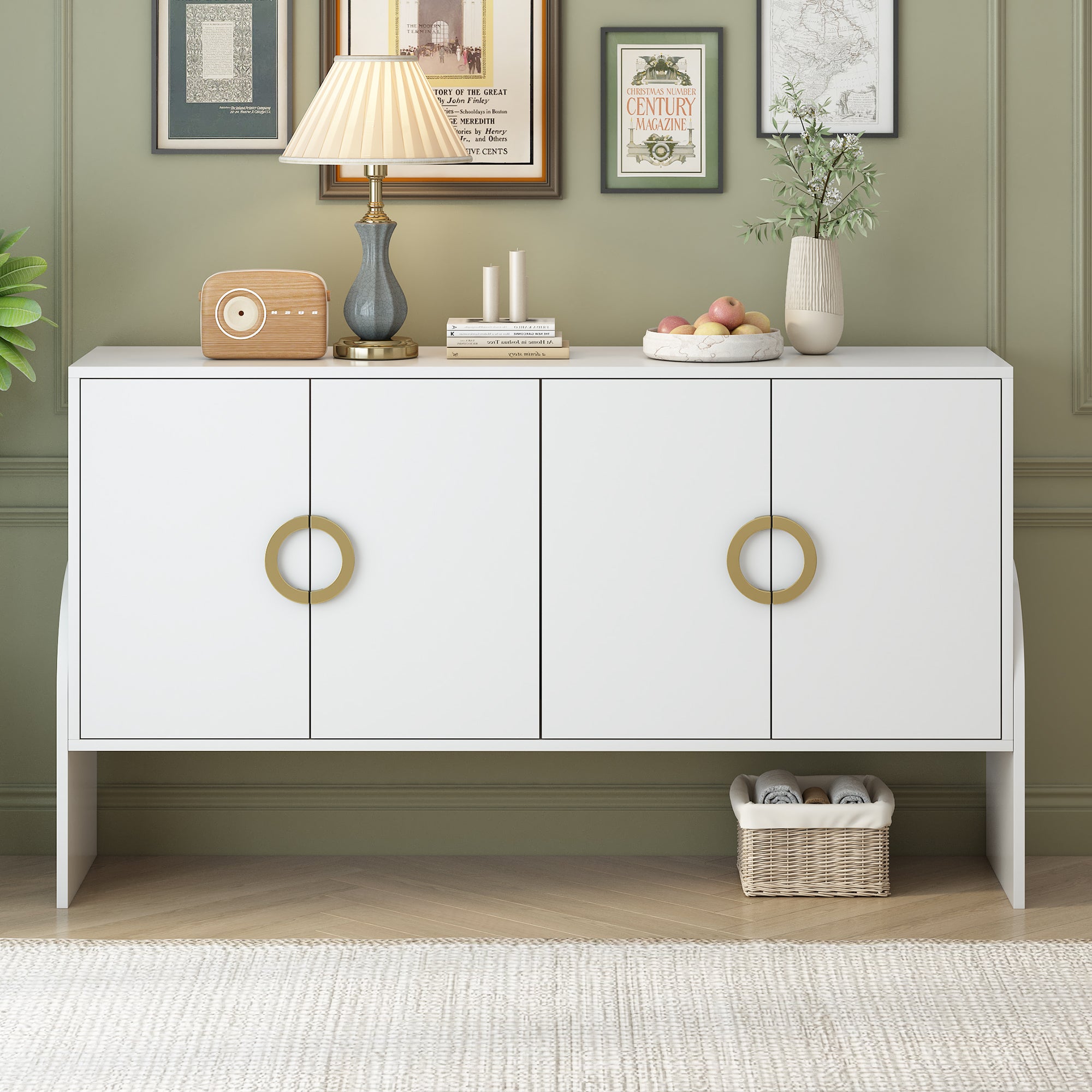 Royard Oaktree Buffet Sideboard with 4 Doors and Gold Metal Handles, Wood Accent Storage Cabinet Console Table for Living Room Entryway Kitchen