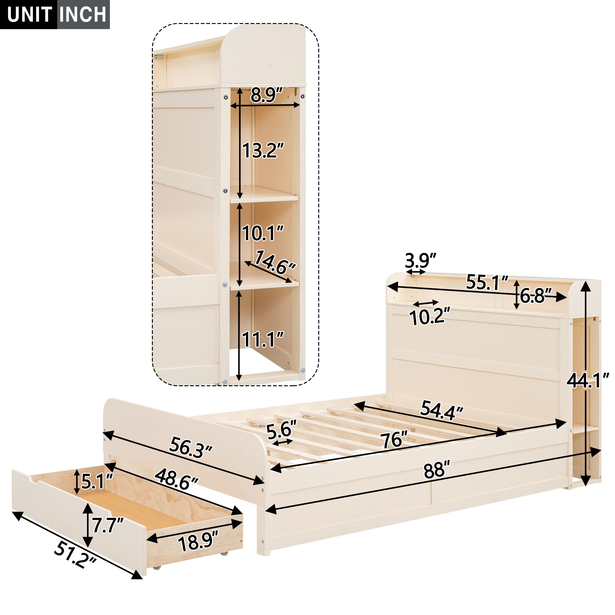 Royard Oaktree Full Size Wood Platform Bed with Storage Headboard, Multi-functional Bed Frame with 1 Big Drawer and Open Shelves, Rustic Storage Captain's Bed with Slat Support