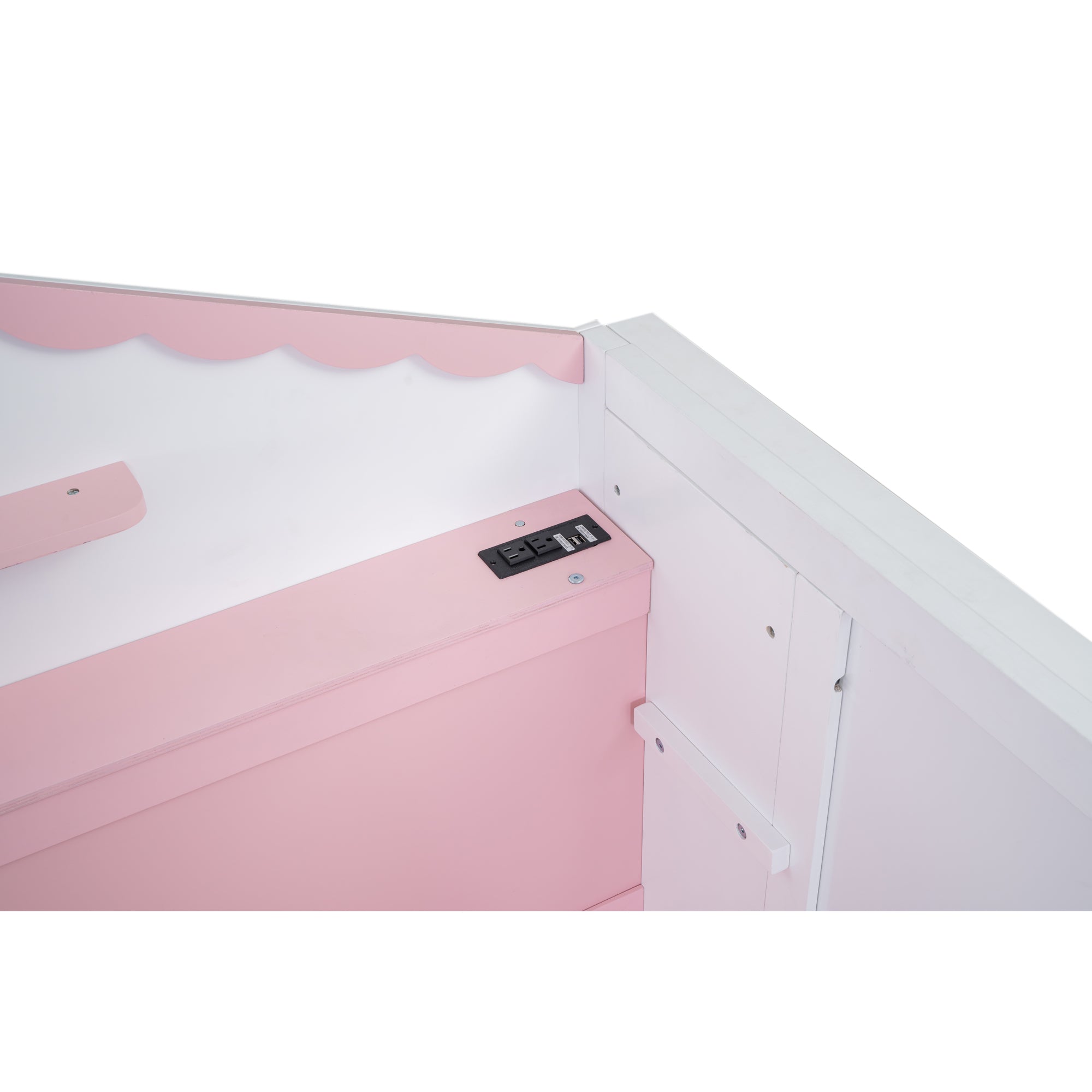 Royard Oaktree Murphy Bed with Charging Station and Storage Shelves, House-shaped Murphy Bed with Blackboard for Kids Teens, Wood Space-saving Bed Frame with Slat Support, Pink+White