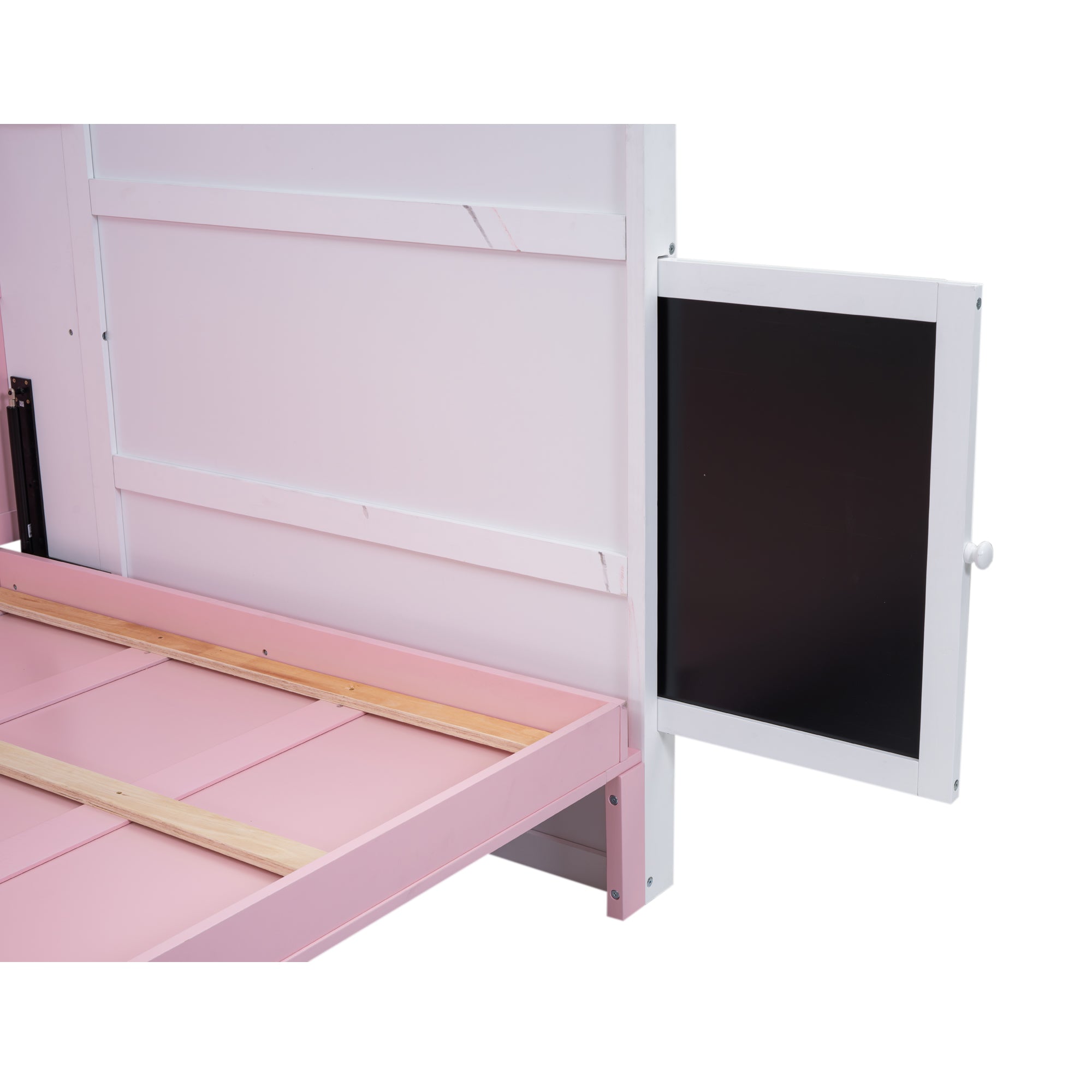 Royard Oaktree Murphy Bed with Charging Station and Storage Shelves, House-shaped Murphy Bed with Blackboard for Kids Teens, Wood Space-saving Bed Frame with Slat Support, Pink+White