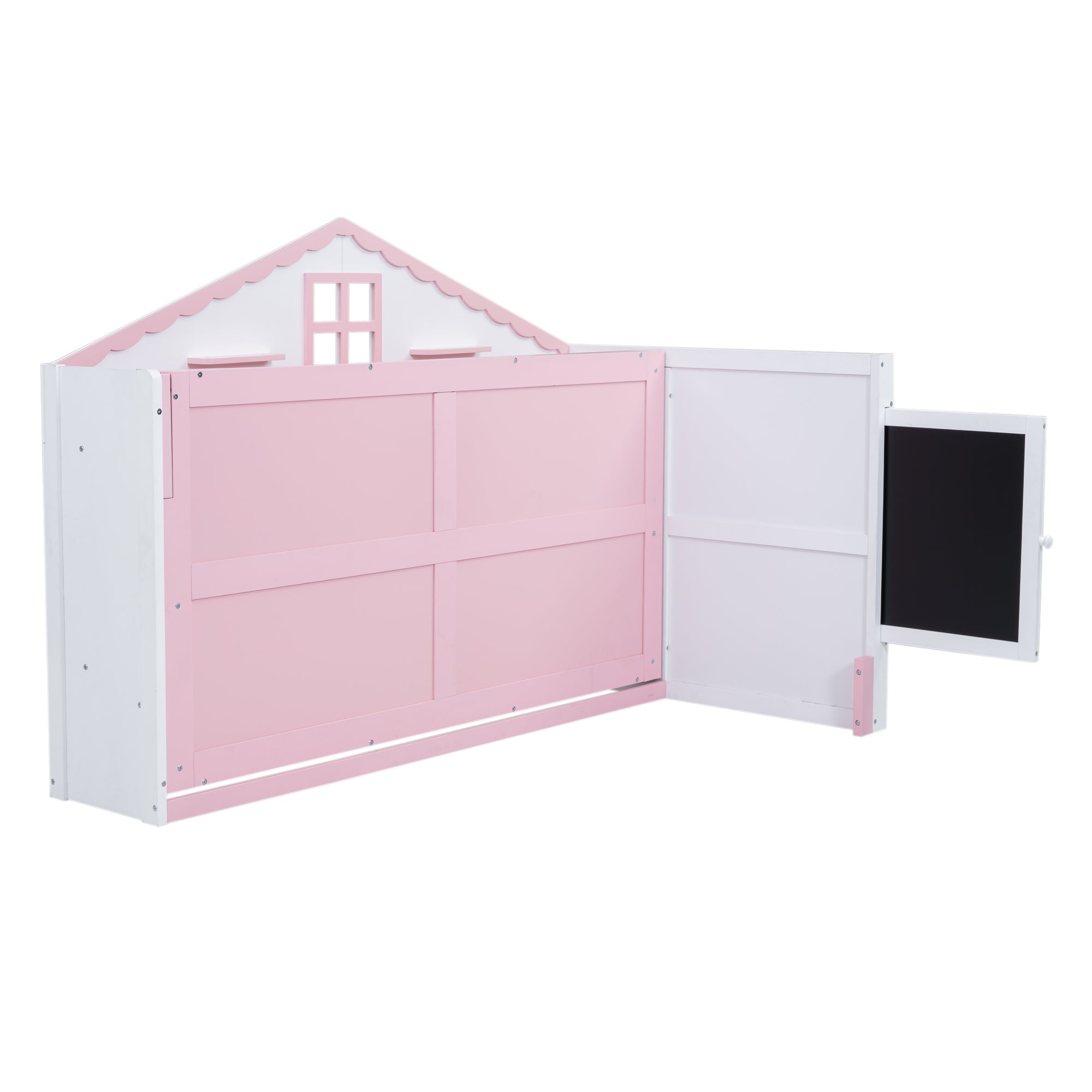 Royard Oaktree Murphy Bed with Charging Station and Storage Shelves, House-shaped Murphy Bed with Blackboard for Kids Teens, Wood Space-saving Bed Frame with Slat Support, Pink+White