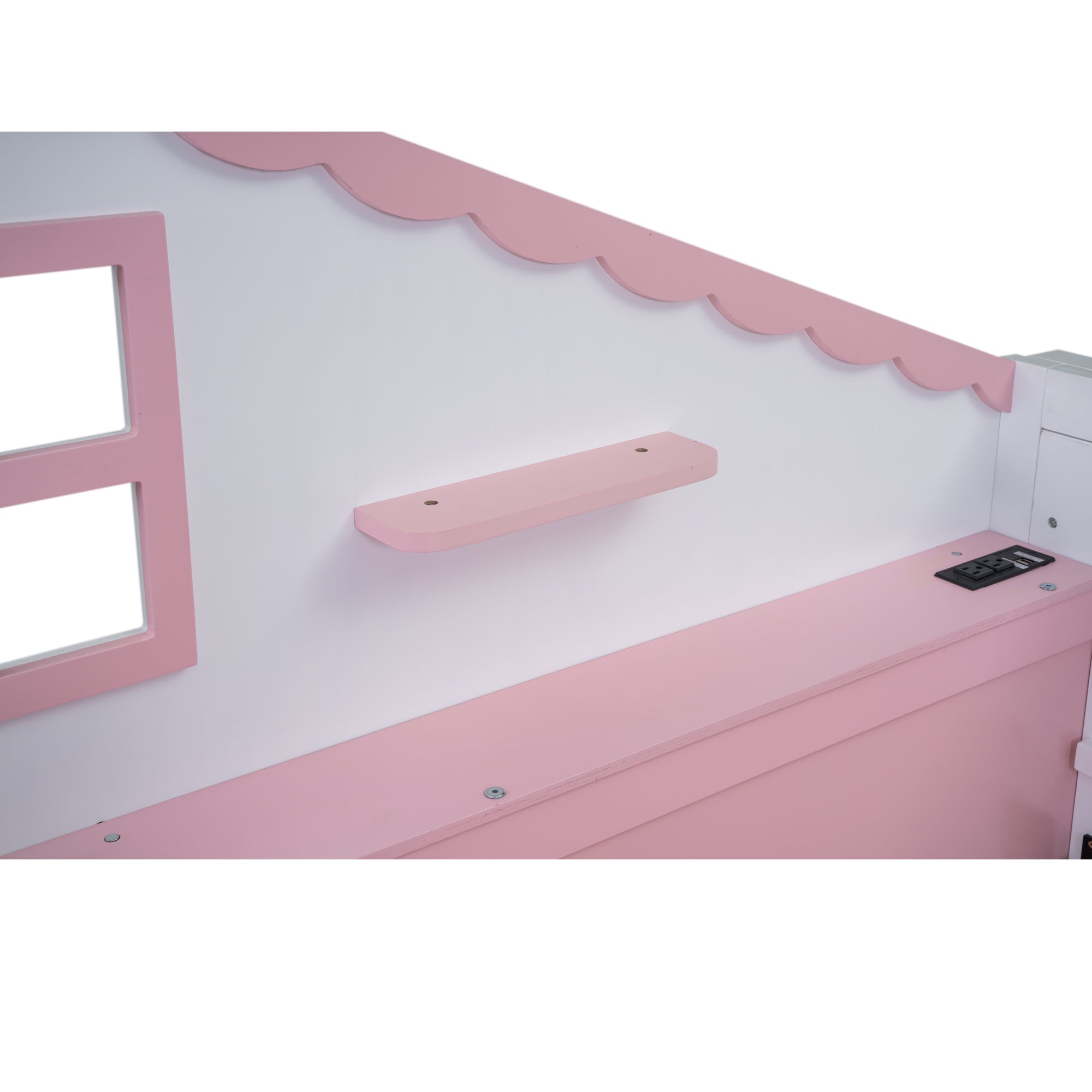 Royard Oaktree Murphy Bed with Charging Station and Storage Shelves, House-shaped Murphy Bed with Blackboard for Kids Teens, Wood Space-saving Bed Frame with Slat Support, Pink+White