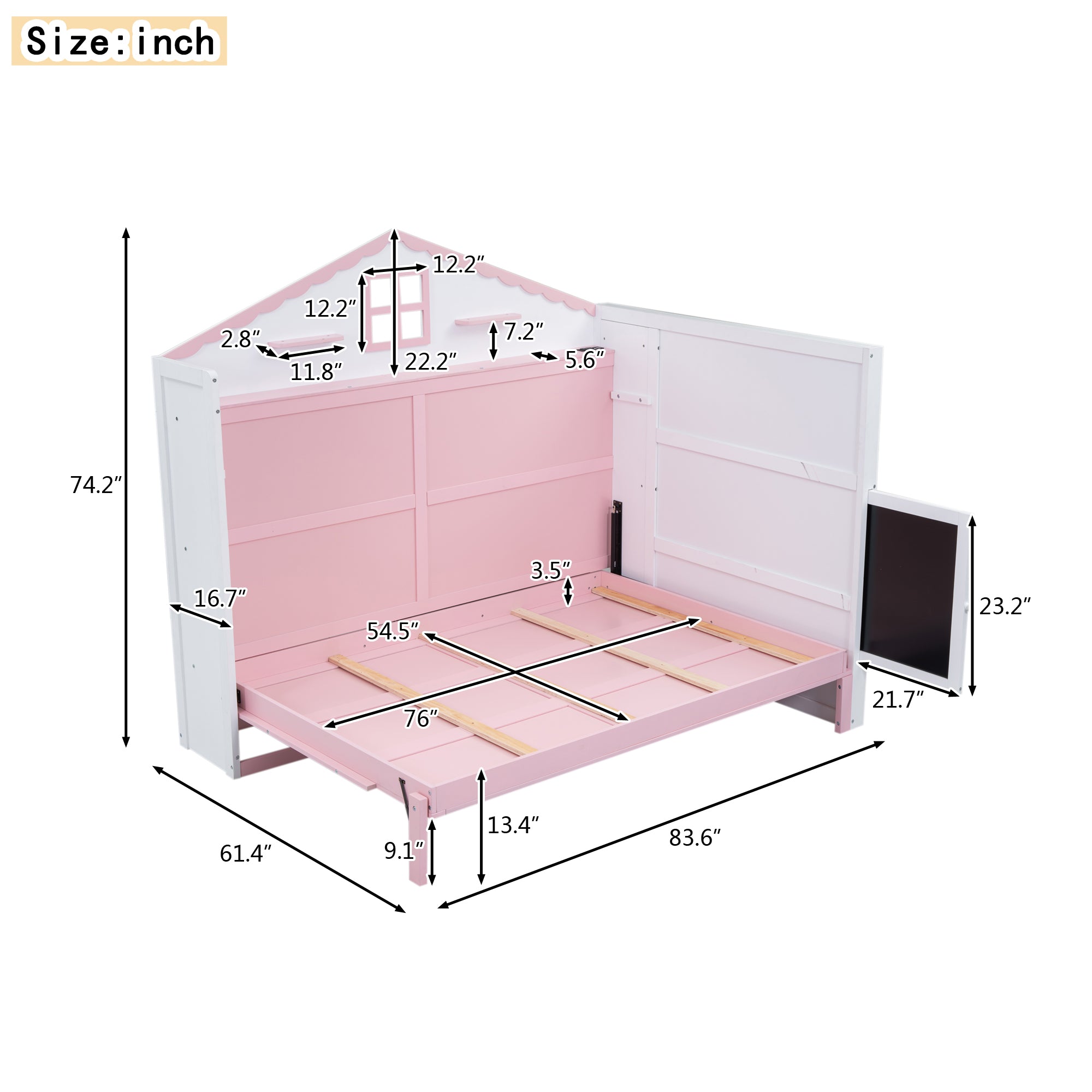 Royard Oaktree Murphy Bed with Charging Station and Storage Shelves, House-shaped Murphy Bed with Blackboard for Kids Teens, Wood Space-saving Bed Frame with Slat Support, Pink+White