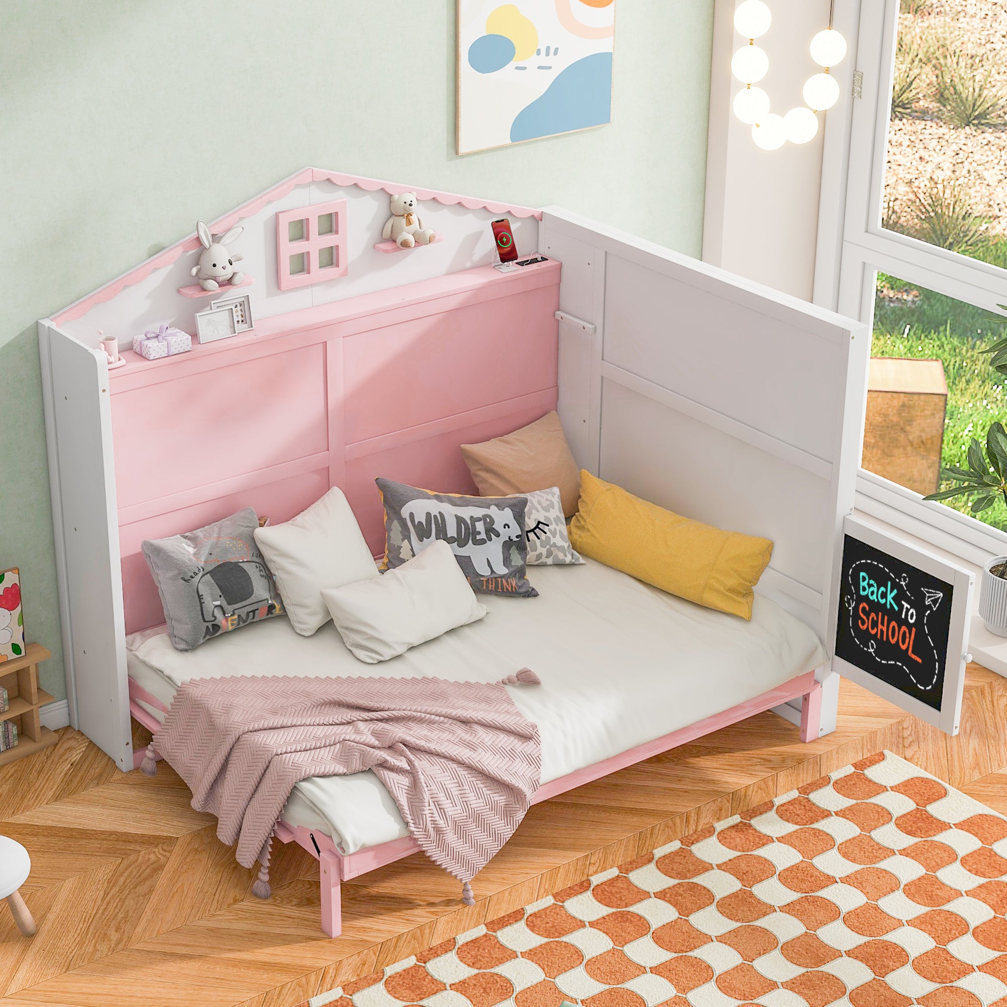 Royard Oaktree Murphy Bed with Charging Station and Storage Shelves, House-shaped Murphy Bed with Blackboard for Kids Teens, Wood Space-saving Bed Frame with Slat Support, Pink+White