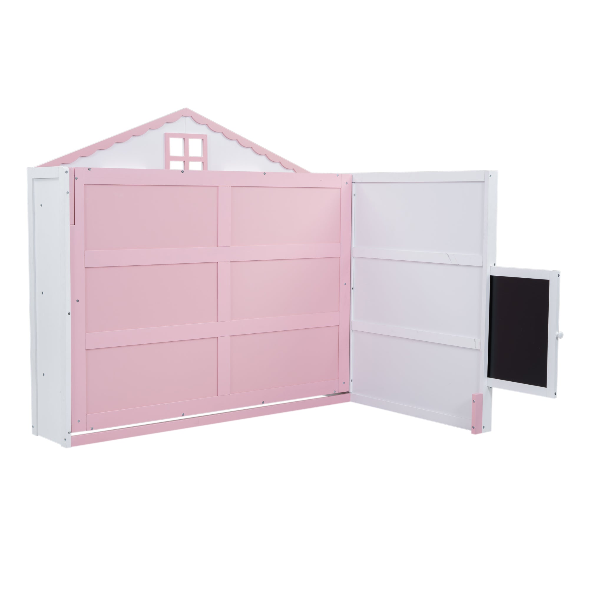 Royard Oaktree Murphy Bed with Charging Station and Storage Shelves, House-shaped Murphy Bed with Blackboard for Kids Teens, Wood Space-saving Bed Frame with Slat Support, Pink+White