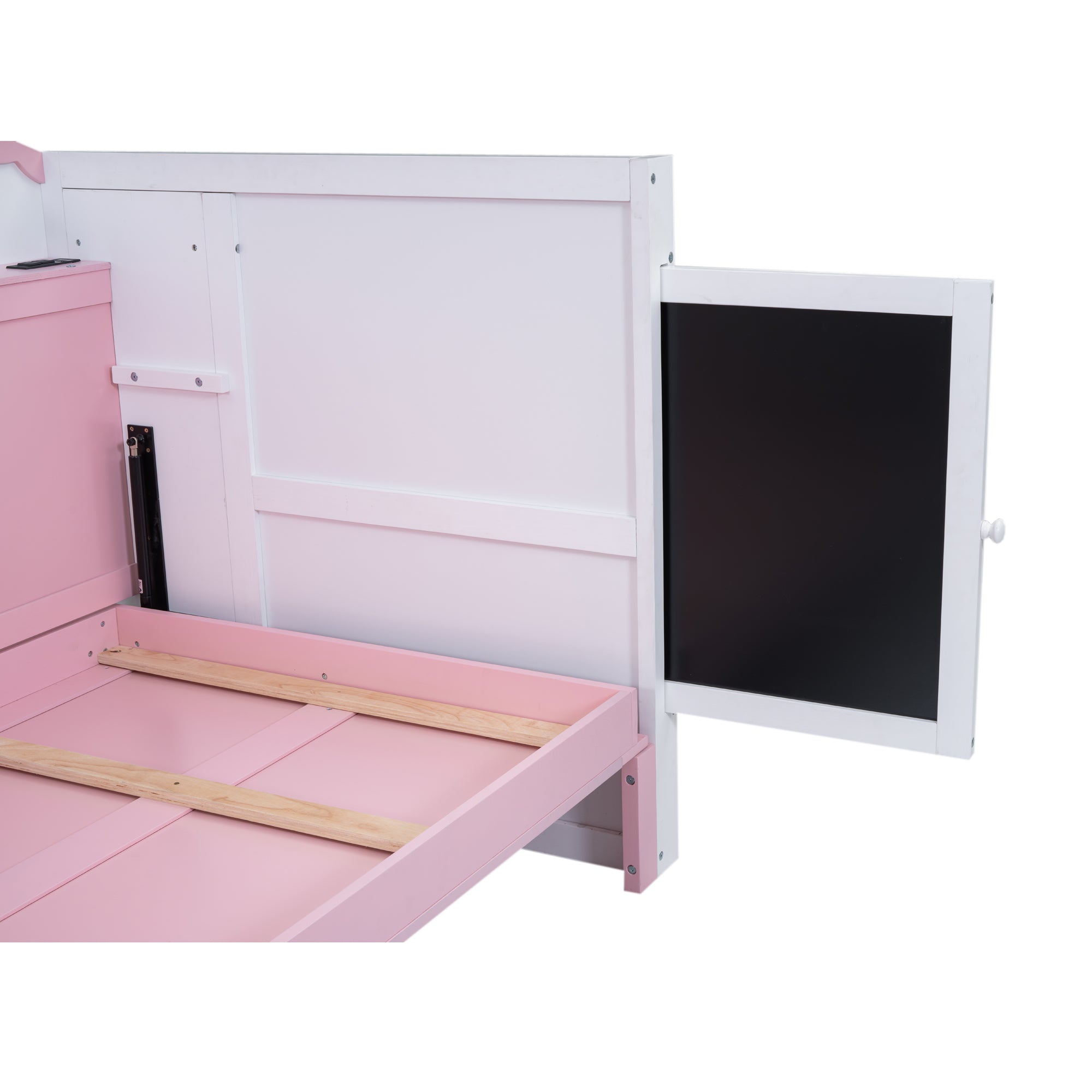 Royard Oaktree Murphy Bed with Charging Station and Storage Shelves, House-shaped Murphy Bed with Blackboard for Kids Teens, Wood Space-saving Bed Frame with Slat Support, Pink+White