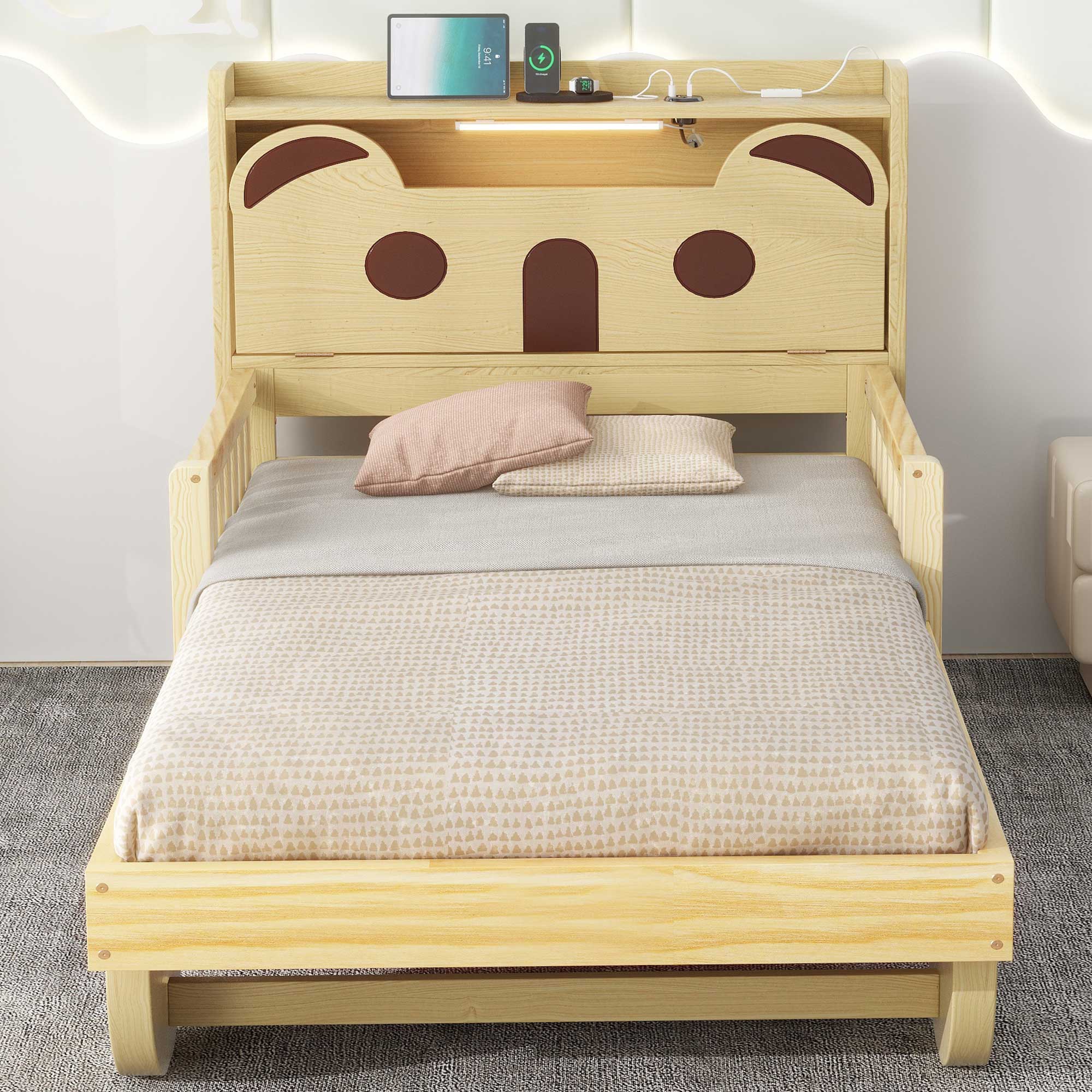 Royard Oaktree Car-shaped Platform Bed with Bear-Shaped Headboard, Bed with Storage and Charging Station, Wood Platform Bed Frame with Decorative Wheels for Kids Teens Bedroom, Natural