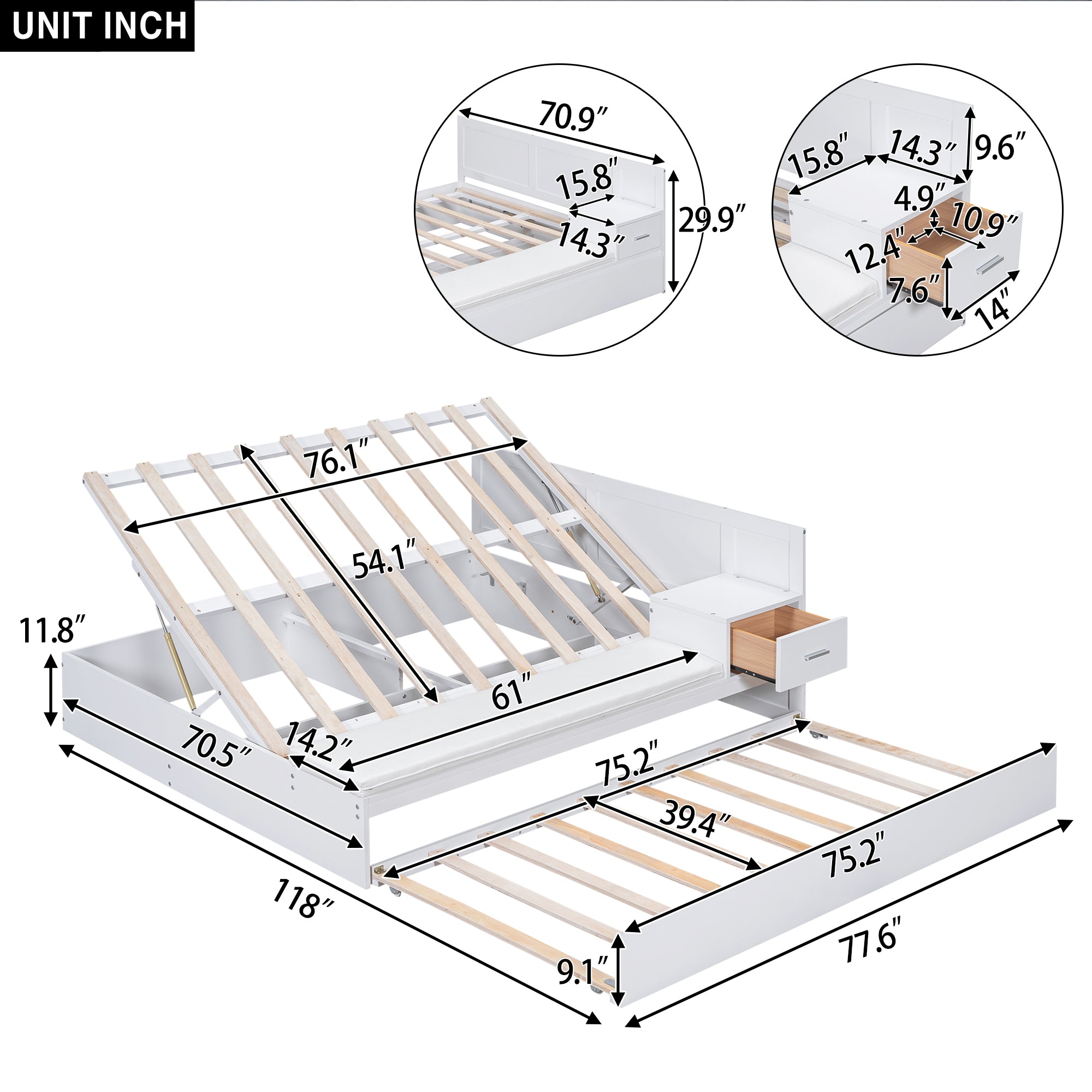 Royard Oaktree Full Size Wood Platform Bed with Hydraulic Storage, Multi-functional Platform Bed Frame with Twin Size Trundle, Built-in Side Table and Bench, Modern Bed with Wood Slat Support