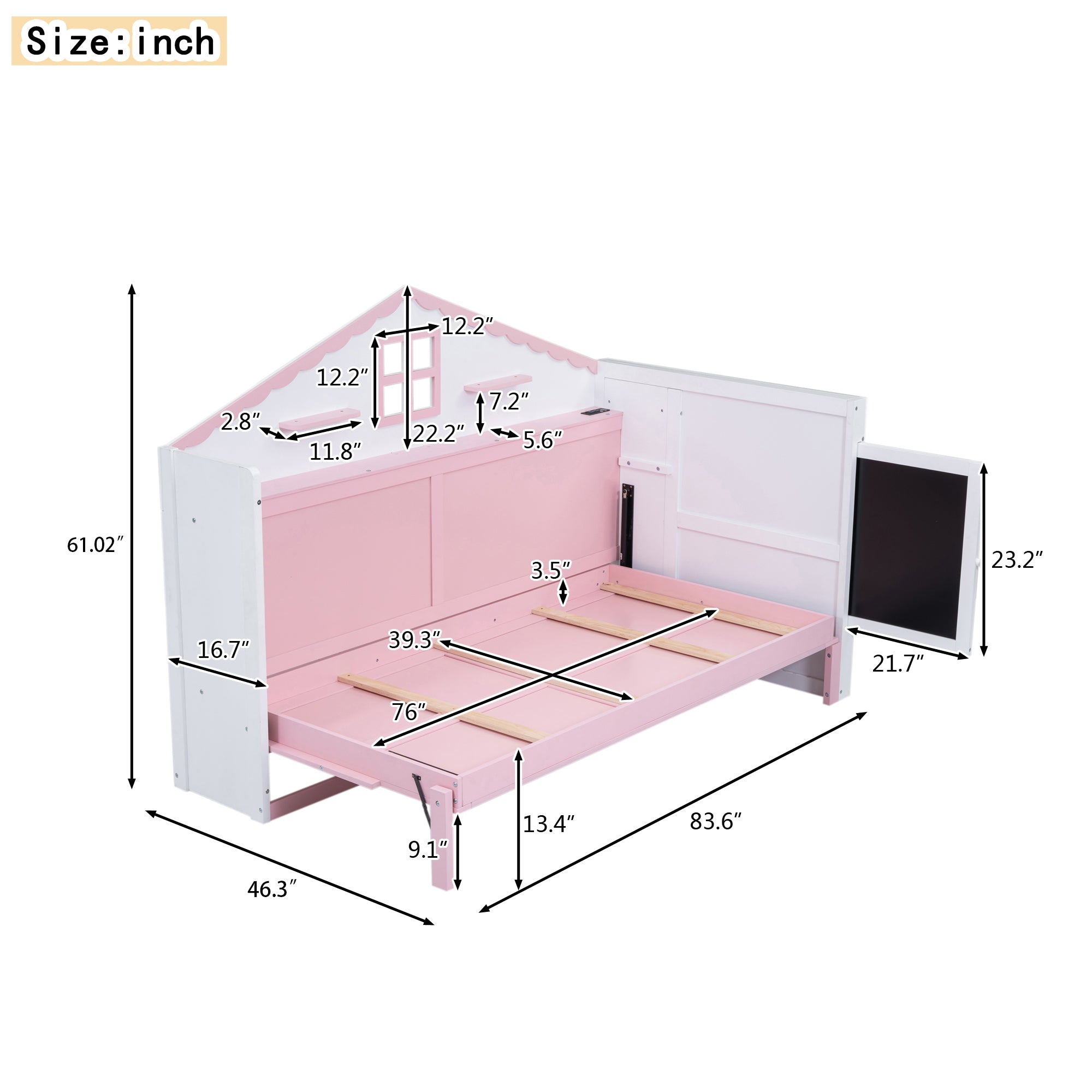 Royard Oaktree Murphy Bed with Charging Station and Storage Shelves, House-shaped Murphy Bed with Blackboard for Kids Teens, Wood Space-saving Bed Frame with Slat Support, Pink+White