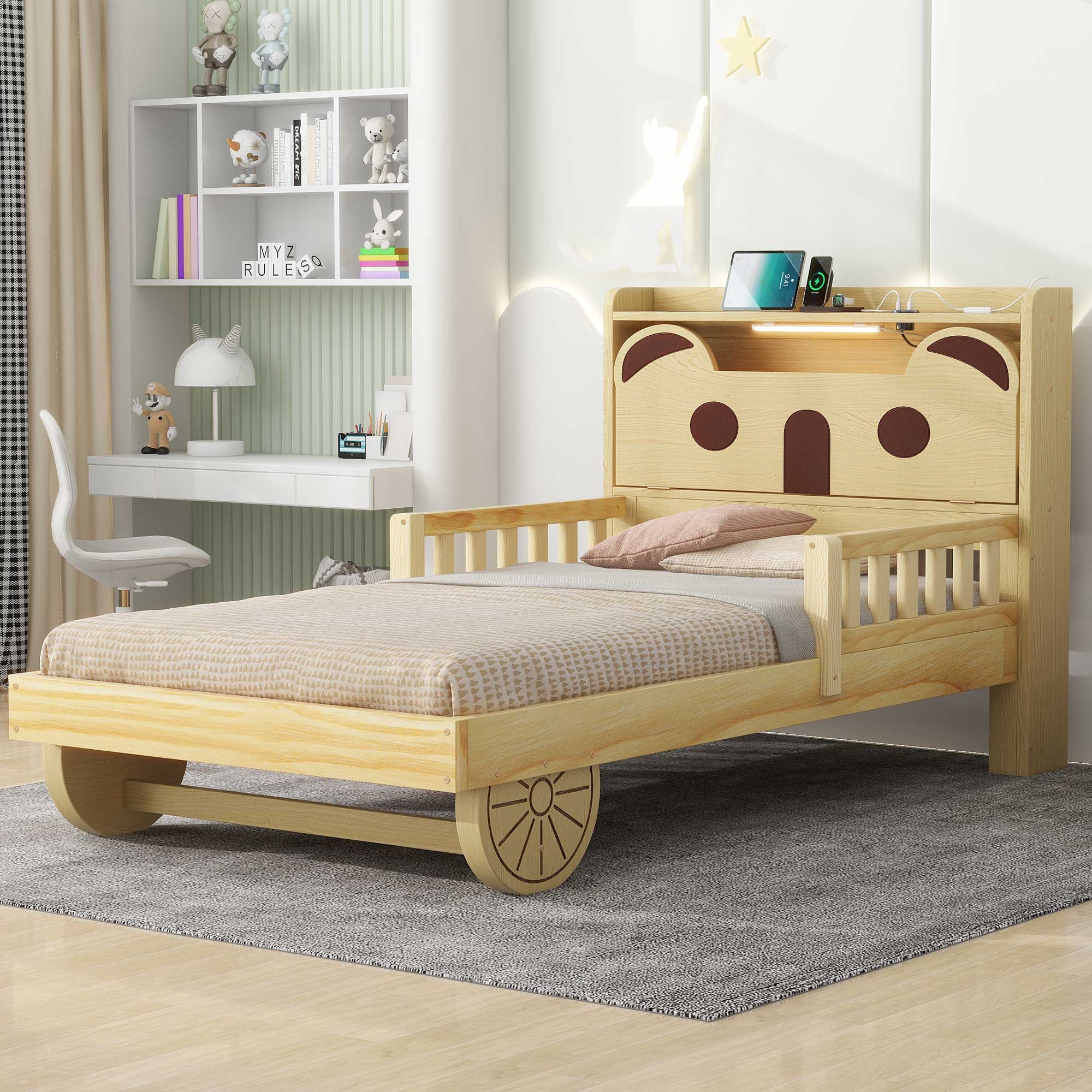 Royard Oaktree Car-shaped Platform Bed with Bear-Shaped Headboard, Bed with Storage and Charging Station, Wood Platform Bed Frame with Decorative Wheels for Kids Teens Bedroom, Natural