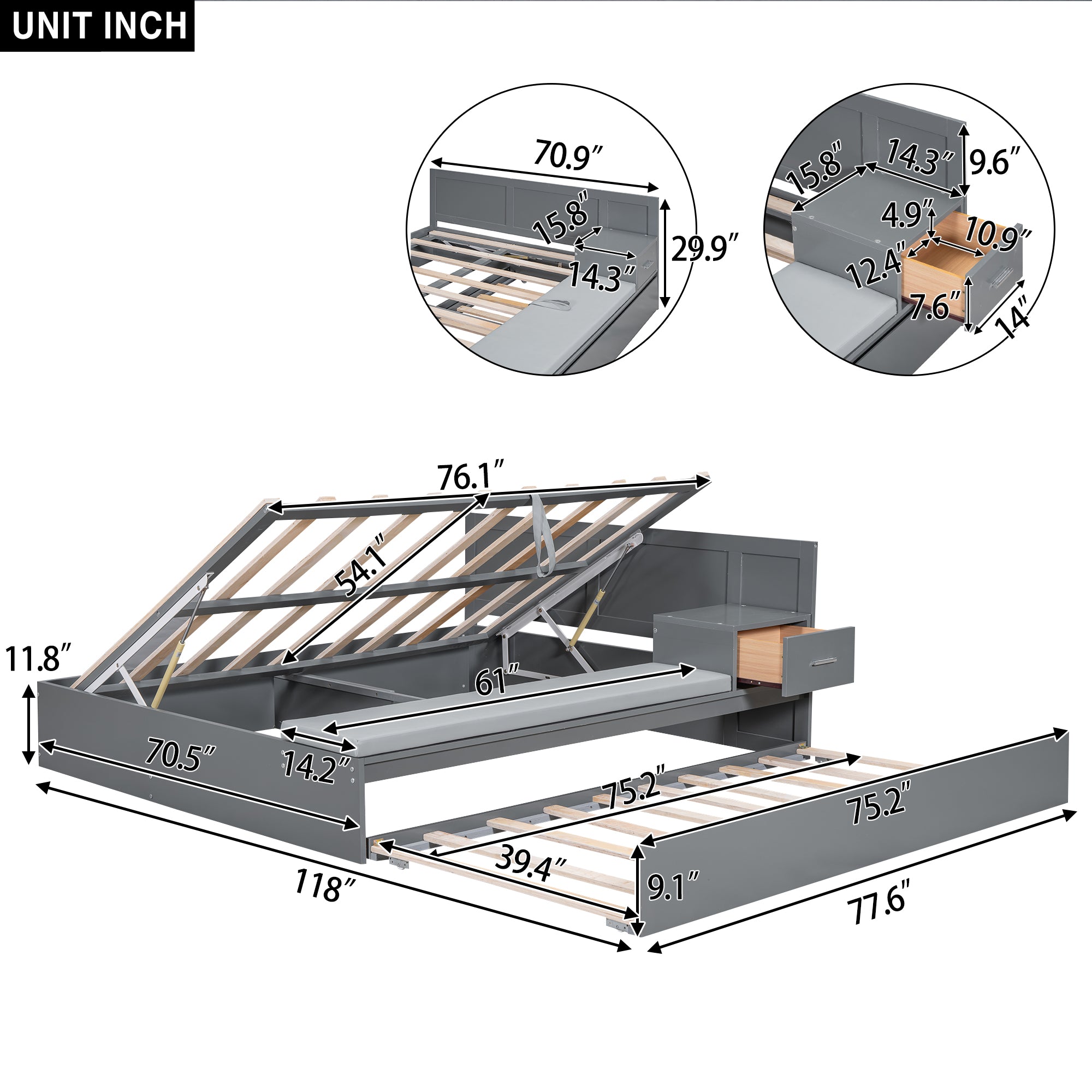 Royard Oaktree Full Size Wood Platform Bed with Hydraulic Storage, Multi-functional Platform Bed Frame with Twin Size Trundle, Built-in Side Table and Bench, Modern Bed with Wood Slat Support