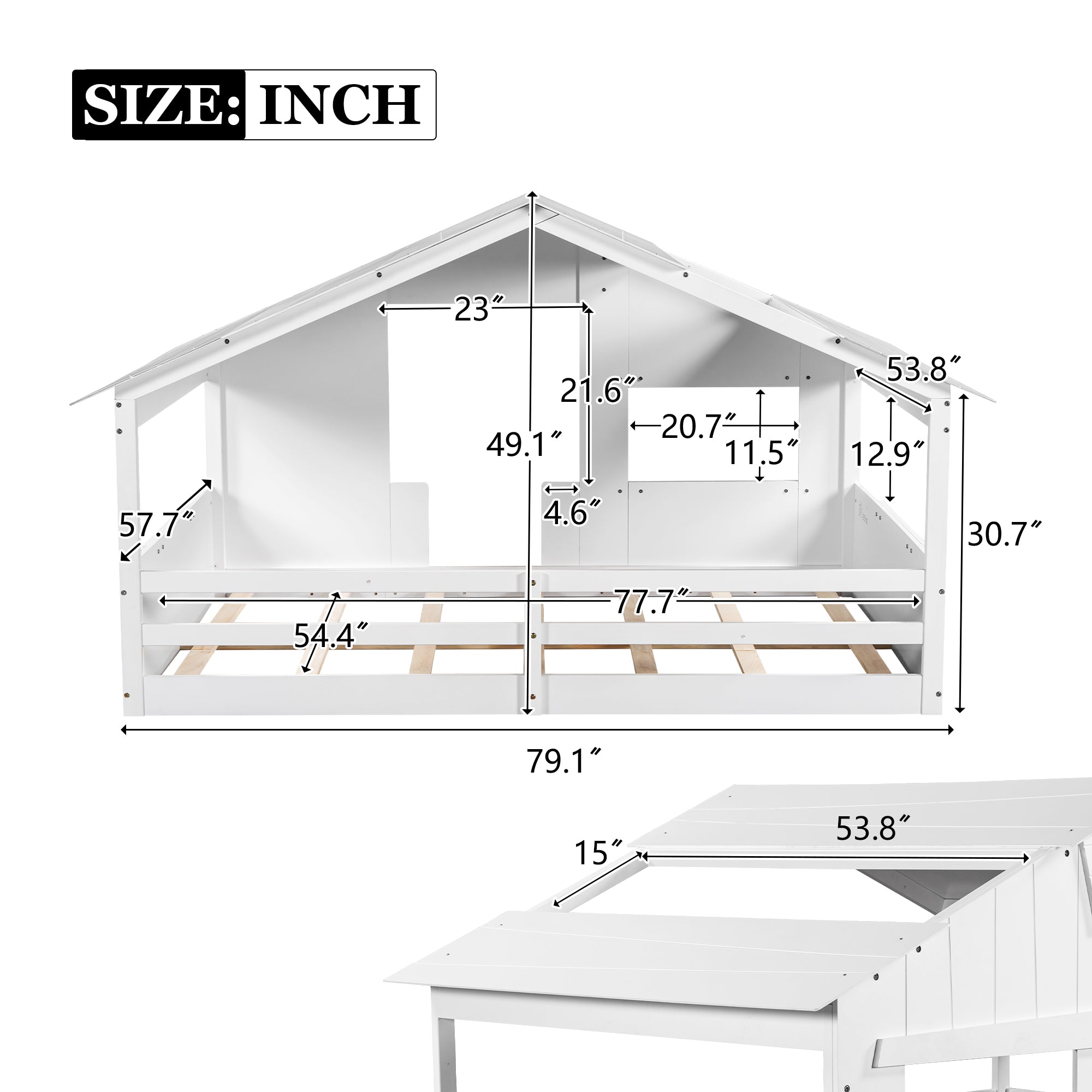 Royard Oaktree House Bed with Roof Door Windows Funny Playing House Design Bed Frame with Guardrail for Kids Wood Floor Bed with Slat Support