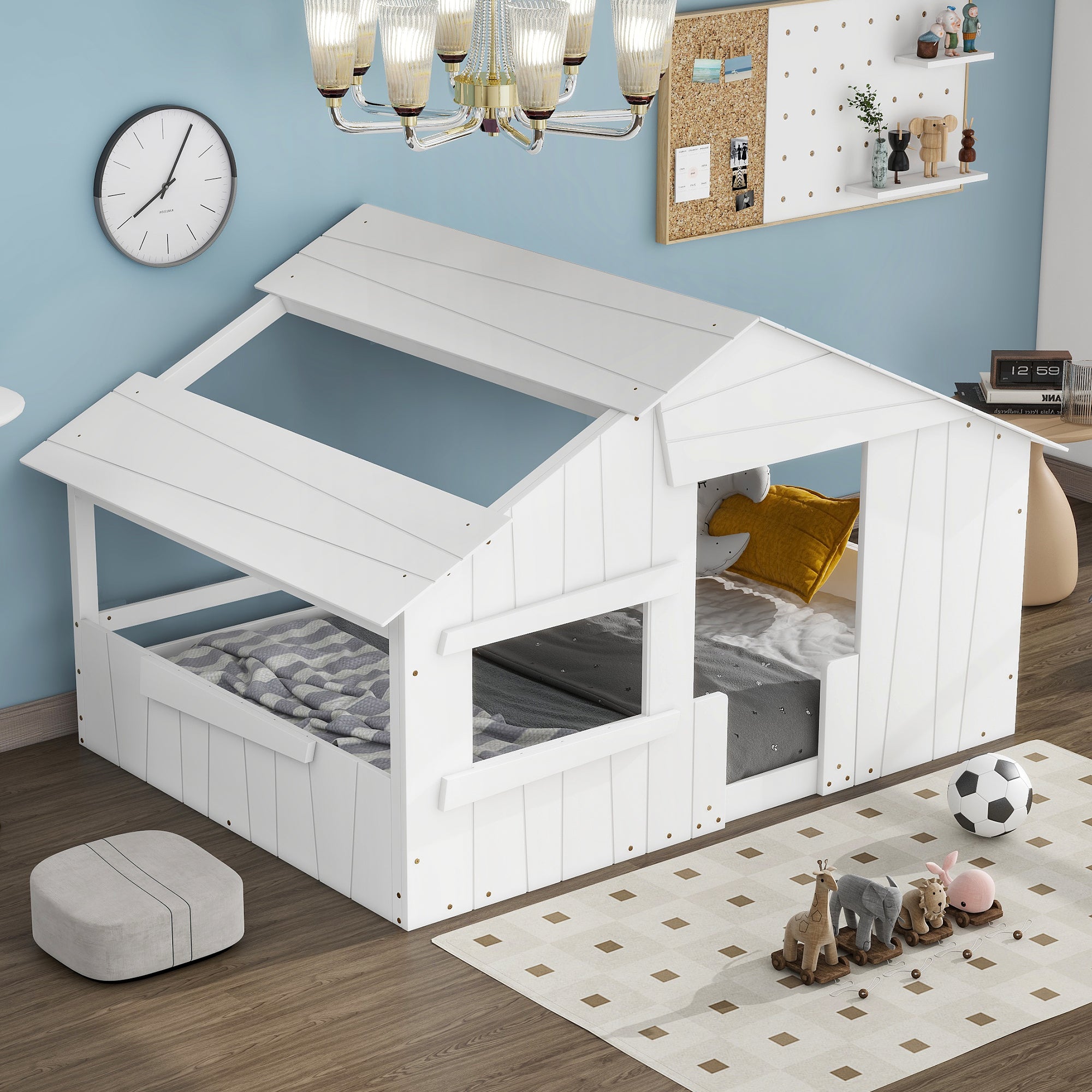 Royard Oaktree House Bed with Roof Door Windows Funny Playing House Design Bed Frame with Guardrail for Kids Wood Floor Bed with Slat Support