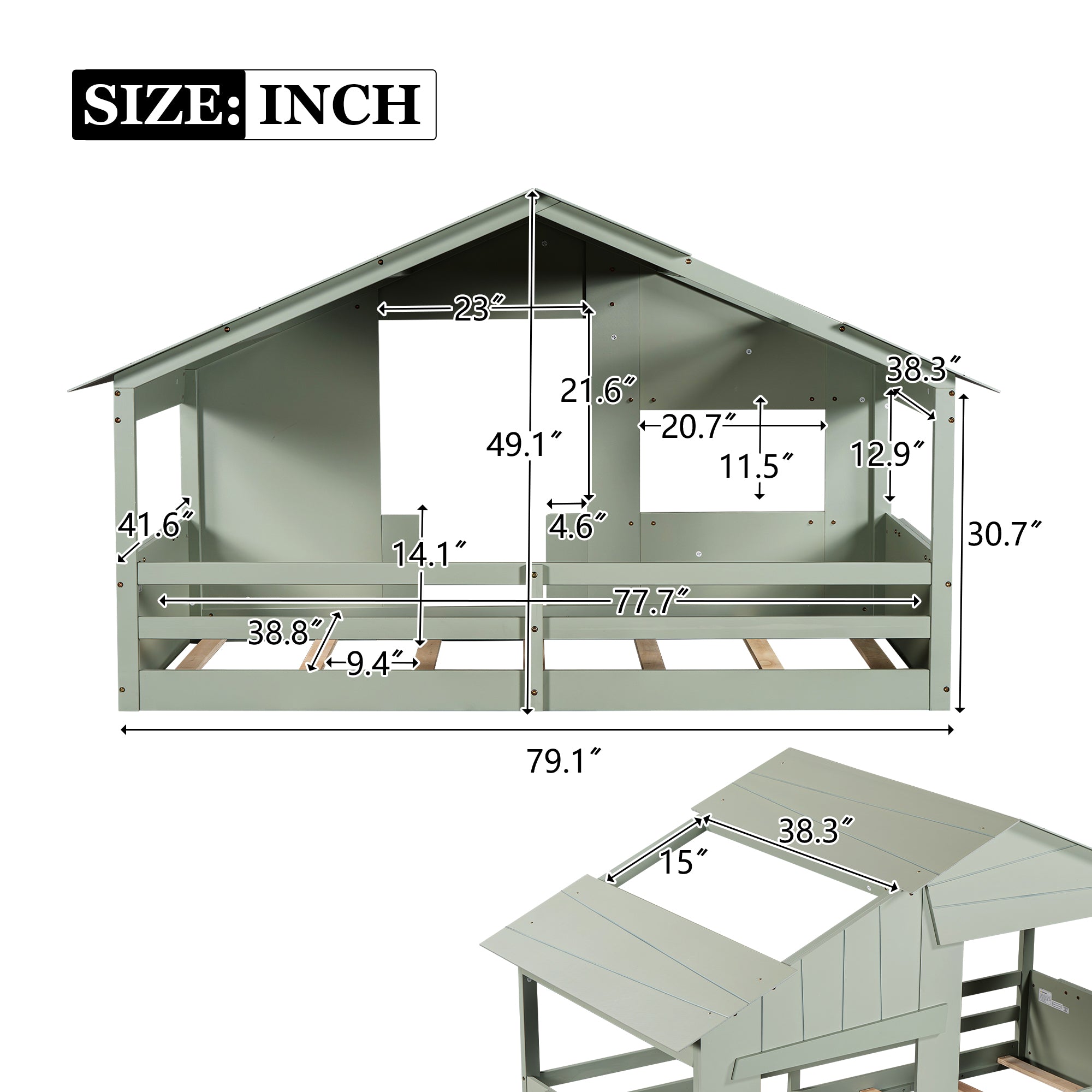 Royard Oaktree House Bed with Roof Door Windows Funny Playing House Design Bed Frame with Guardrail for Kids Wood Floor Bed with Slat Support