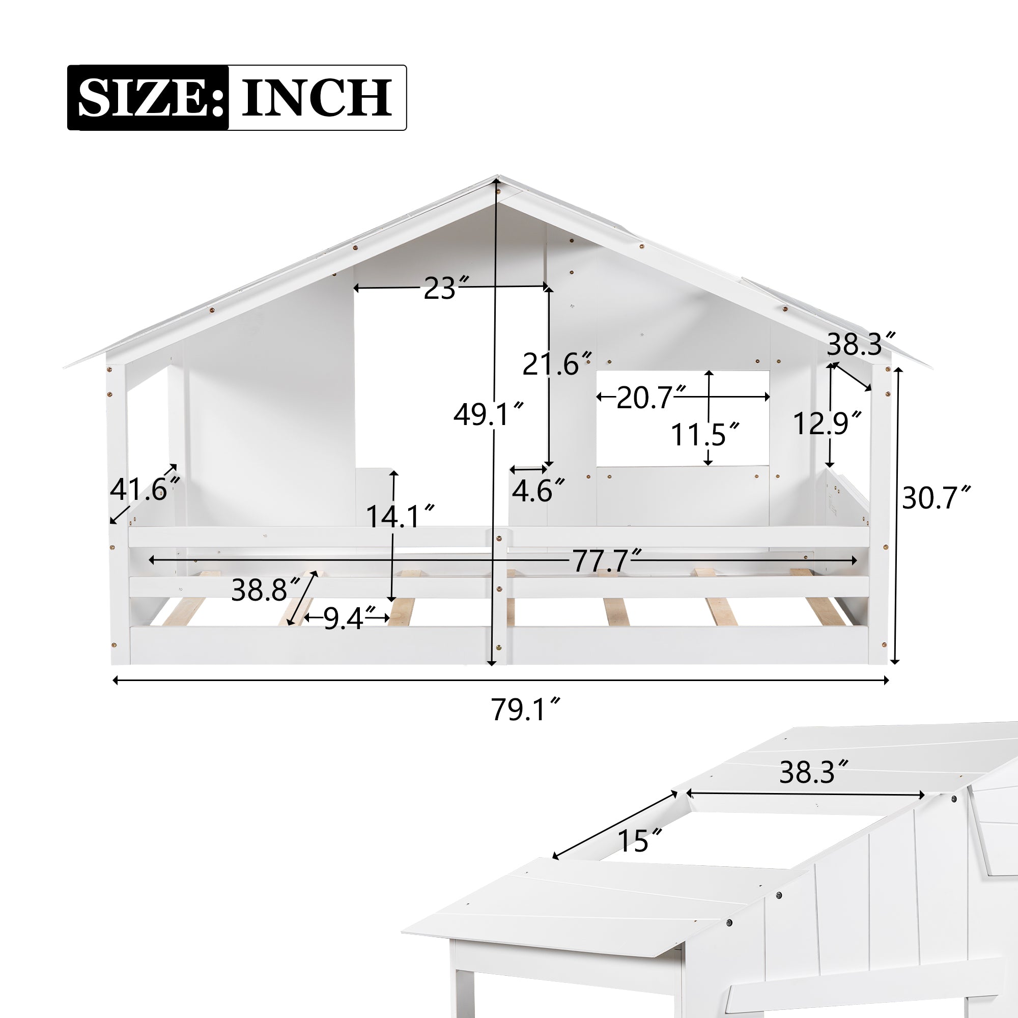 Royard Oaktree House Bed with Roof Door Windows Funny Playing House Design Bed Frame with Guardrail for Kids Wood Floor Bed with Slat Support