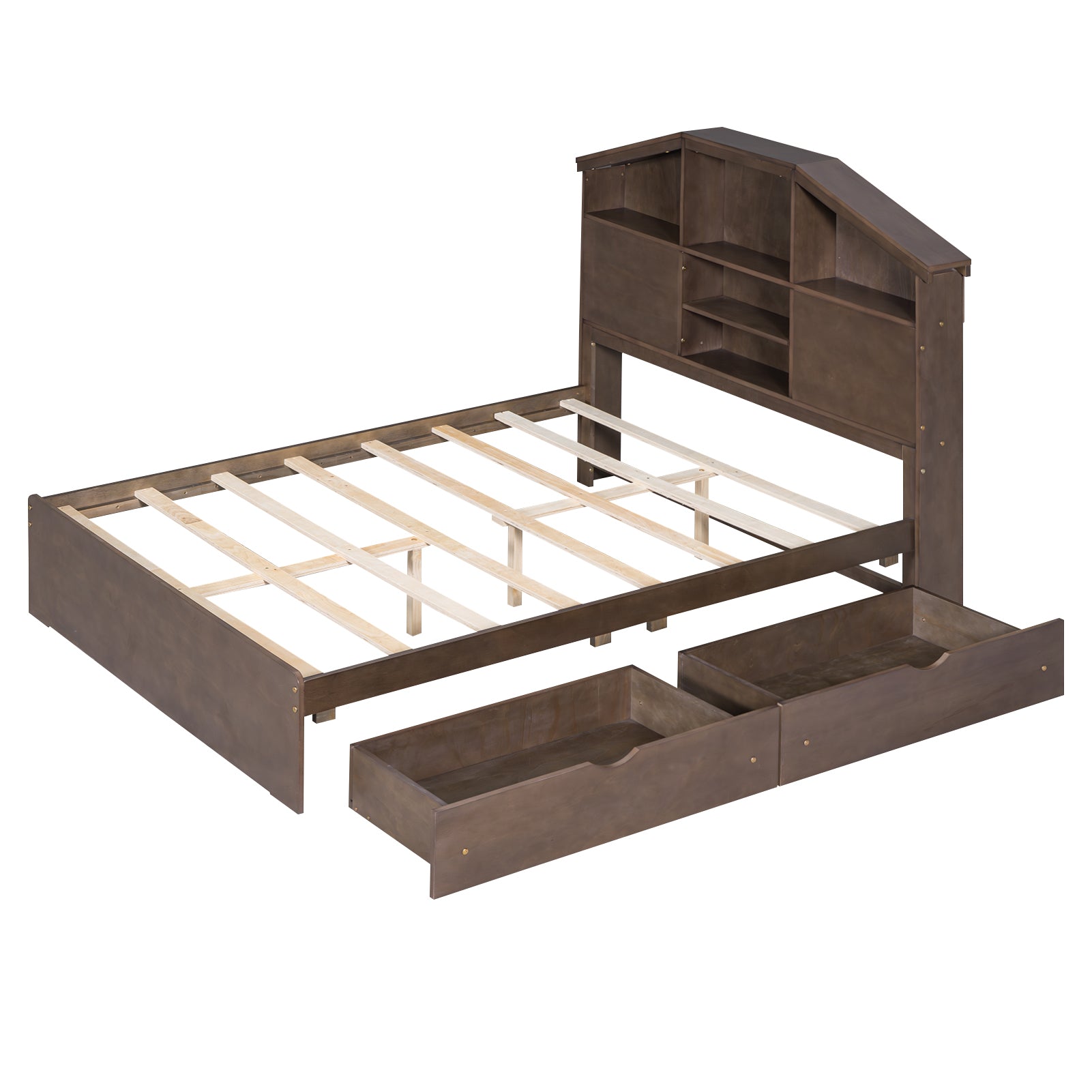 Royard Oaktree Platform Bed with House-shaped Headboard, Multi-functional Wood Platform Bed Frame with 2 Drawers and Storage Shelves, Rustic Bed with Wood Slat Support