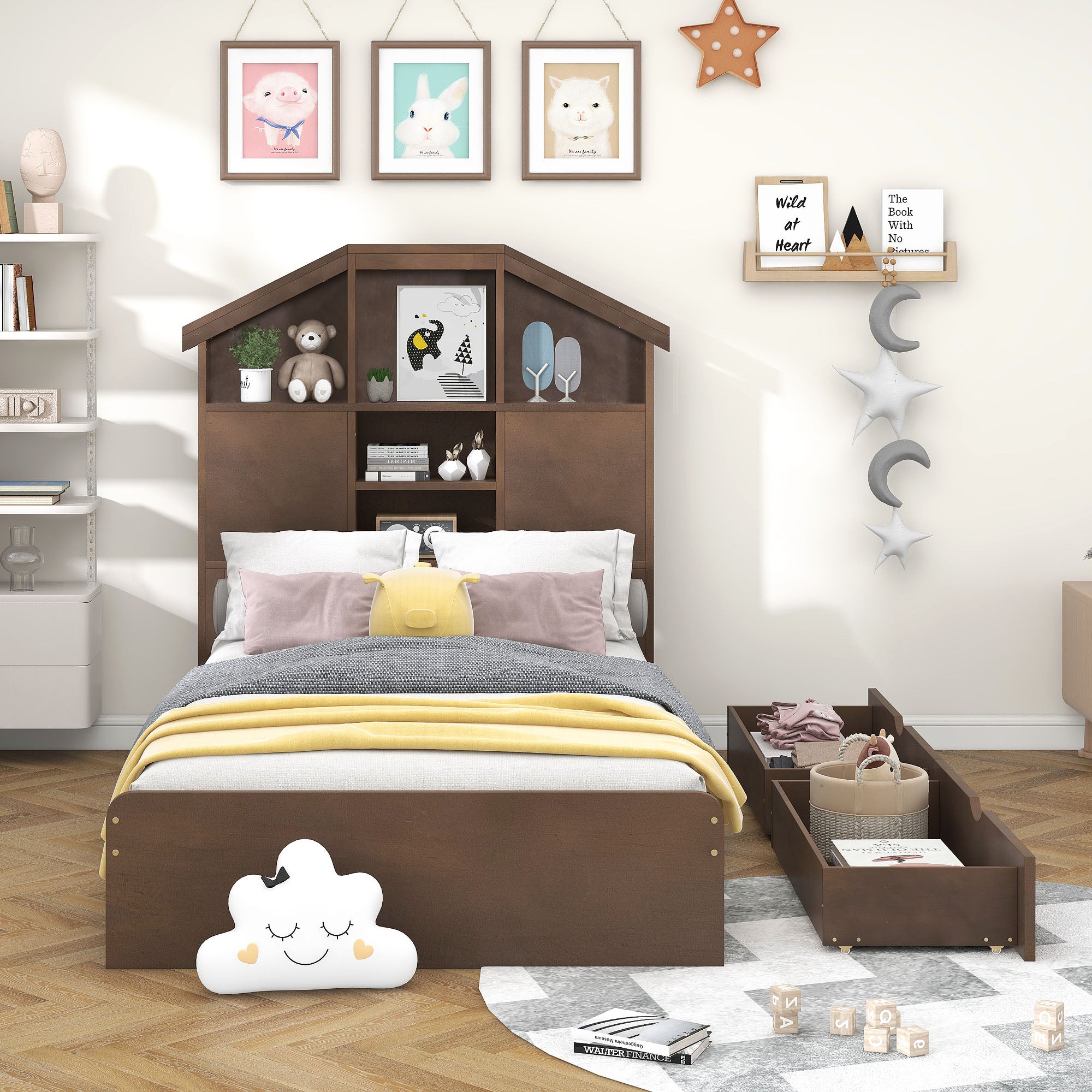 Royard Oaktree Platform Bed with House-shaped Headboard, Multi-functional Wood Platform Bed Frame with 2 Drawers and Storage Shelves, Rustic Bed with Wood Slat Support