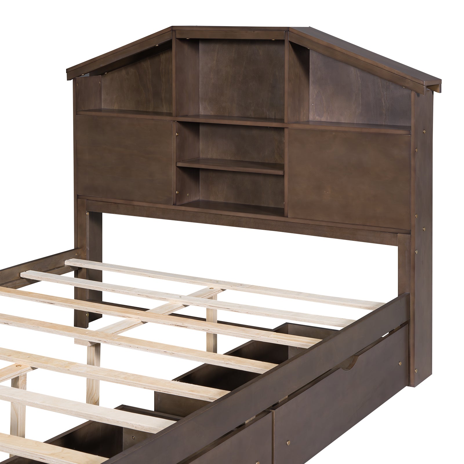 Royard Oaktree Platform Bed with House-shaped Headboard, Multi-functional Wood Platform Bed Frame with 2 Drawers and Storage Shelves, Rustic Bed with Wood Slat Support