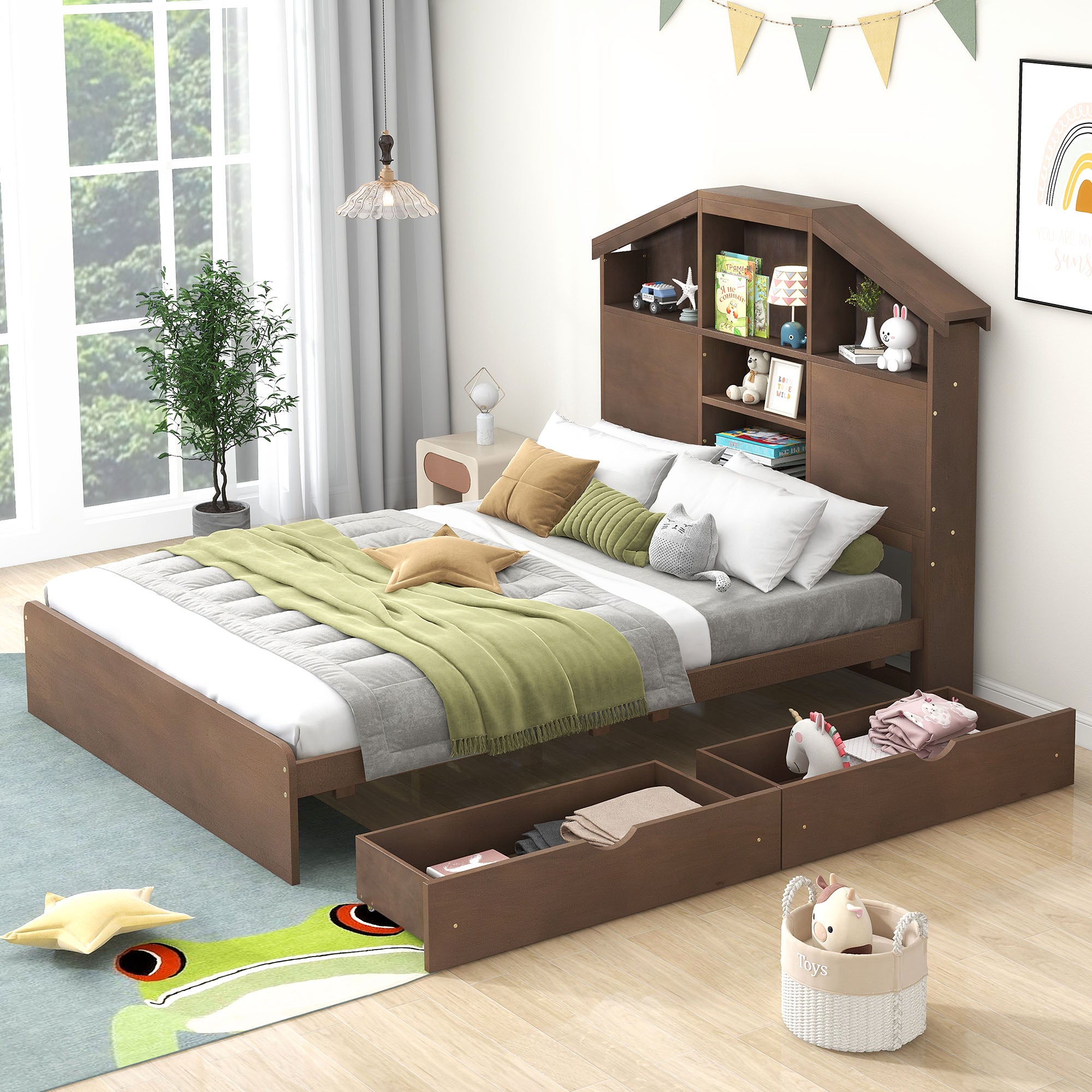 Royard Oaktree Platform Bed with House-shaped Headboard, Multi-functional Wood Platform Bed Frame with 2 Drawers and Storage Shelves, Rustic Bed with Wood Slat Support