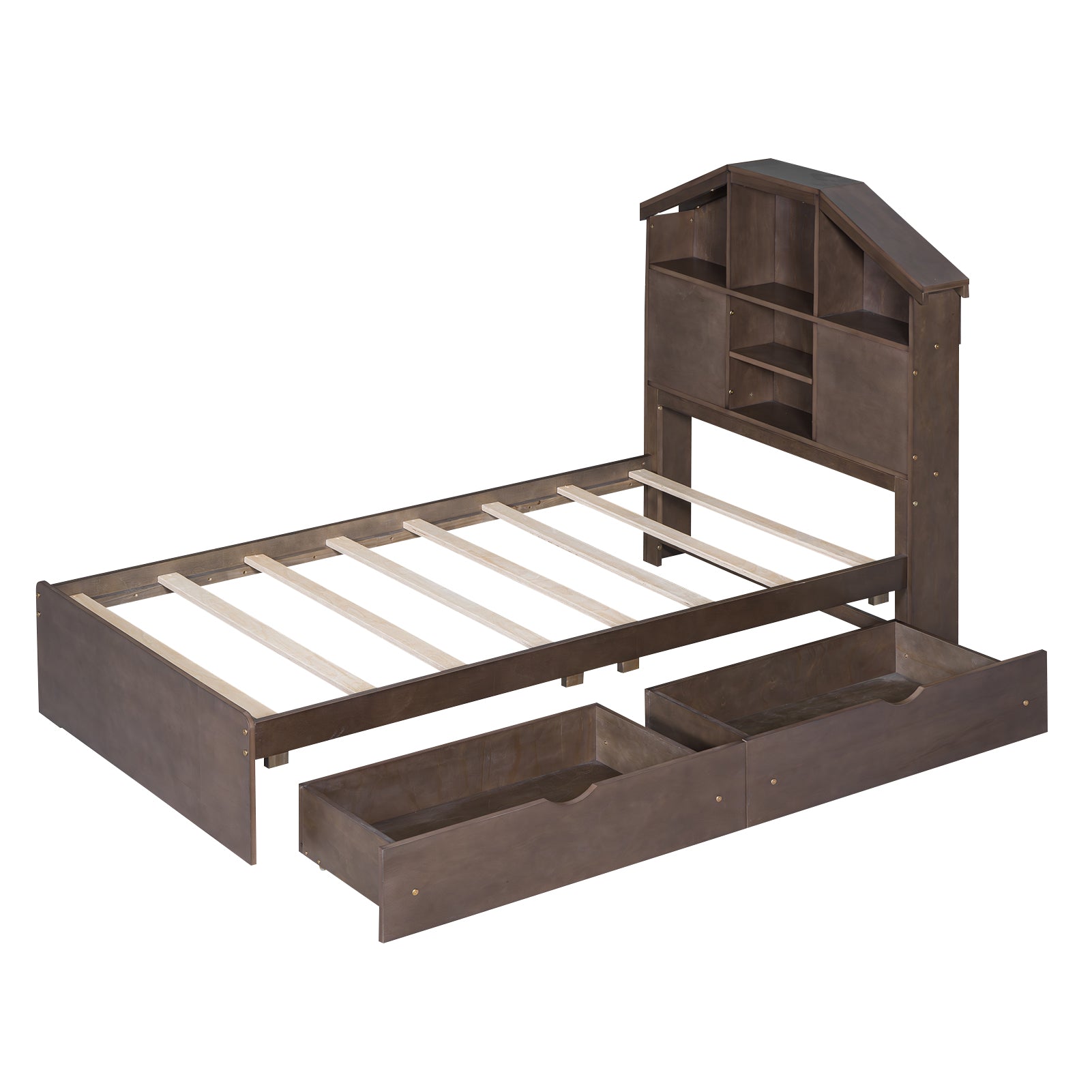 Royard Oaktree Platform Bed with House-shaped Headboard, Multi-functional Wood Platform Bed Frame with 2 Drawers and Storage Shelves, Rustic Bed with Wood Slat Support