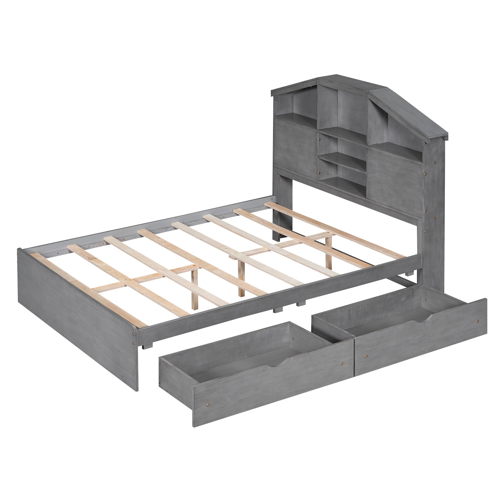 Royard Oaktree Platform Bed with House-shaped Headboard, Multi-functional Wood Platform Bed Frame with 2 Drawers and Storage Shelves, Rustic Bed with Wood Slat Support