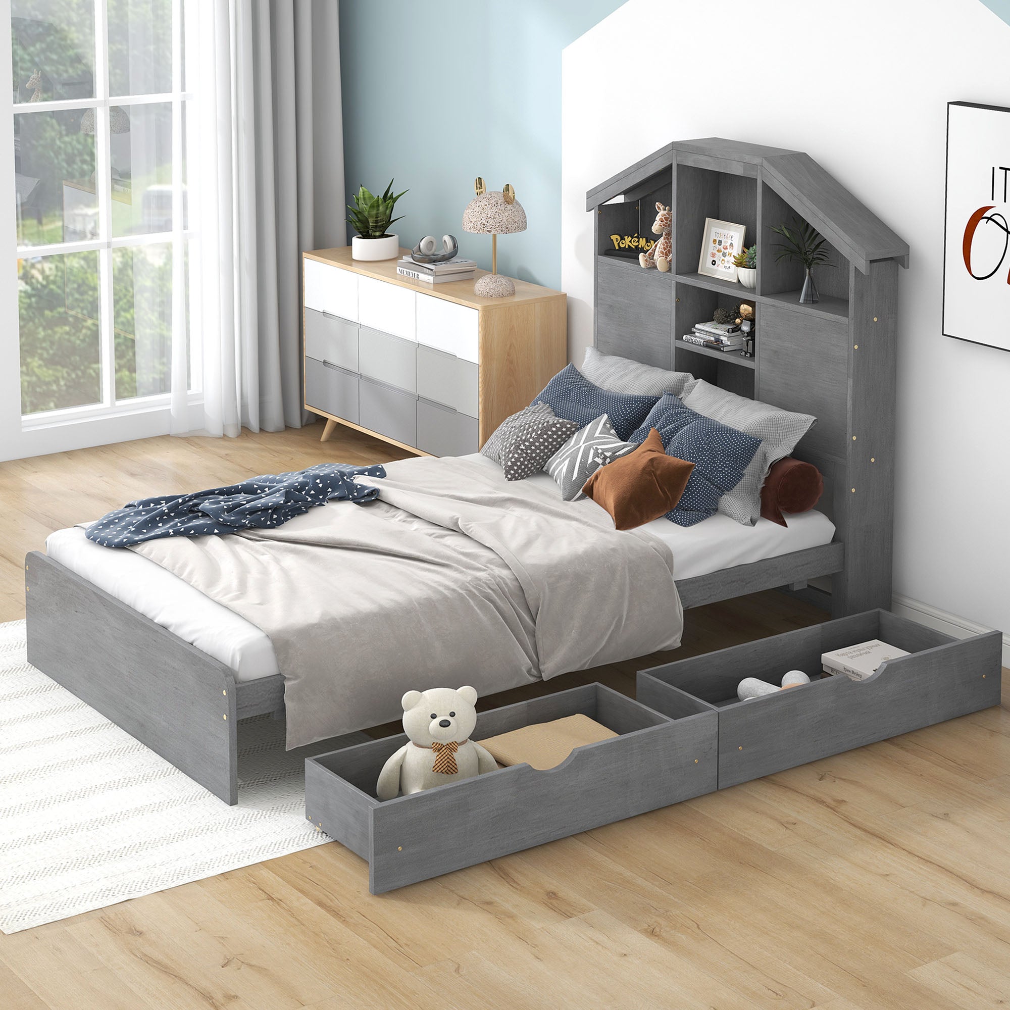 Royard Oaktree Platform Bed with House-shaped Headboard, Multi-functional Wood Platform Bed Frame with 2 Drawers and Storage Shelves, Rustic Bed with Wood Slat Support