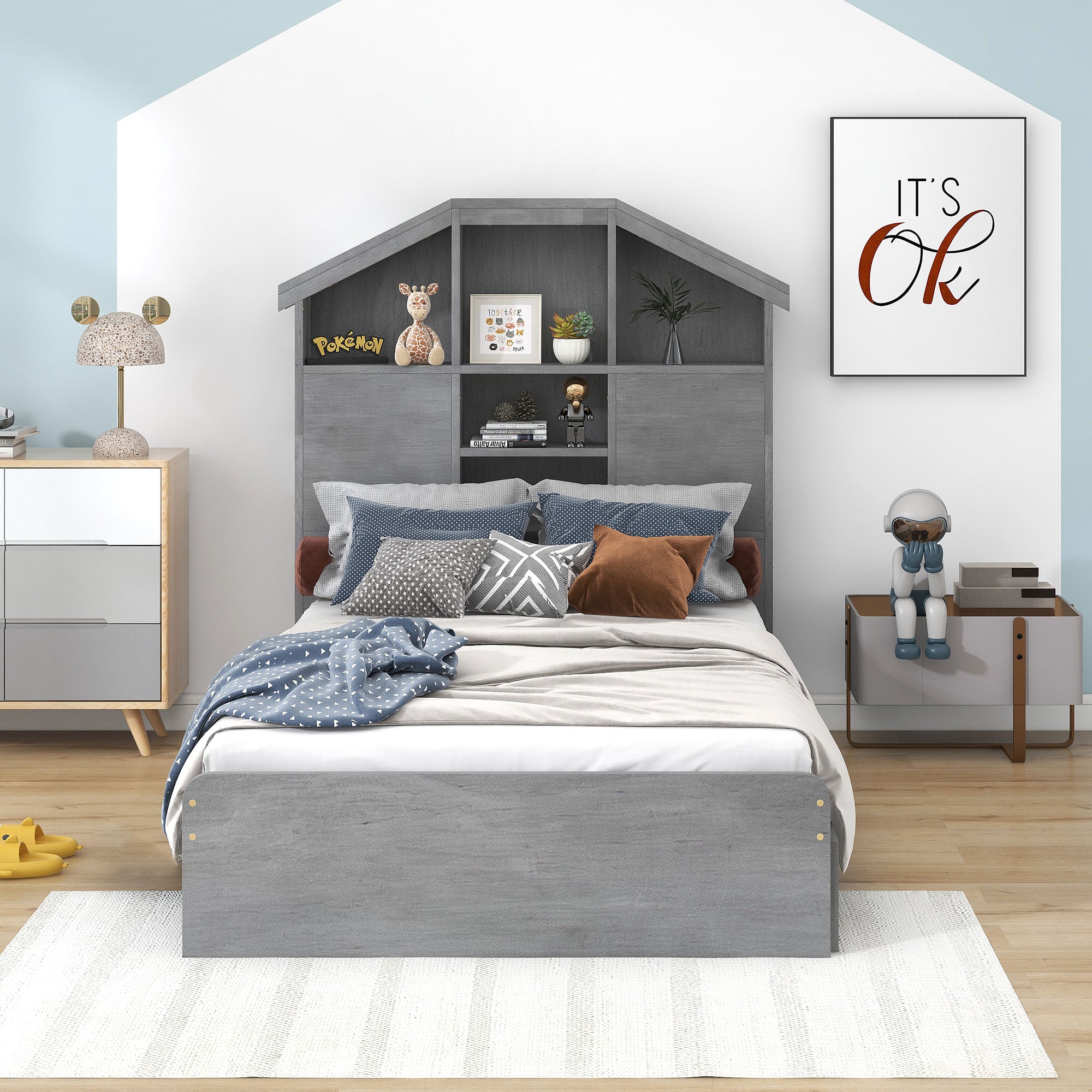 Royard Oaktree Platform Bed with House-shaped Headboard, Multi-functional Wood Platform Bed Frame with 2 Drawers and Storage Shelves, Rustic Bed with Wood Slat Support