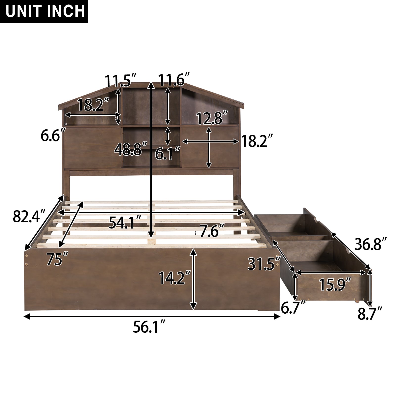 Royard Oaktree Platform Bed with House-shaped Headboard, Multi-functional Wood Platform Bed Frame with 2 Drawers and Storage Shelves, Rustic Bed with Wood Slat Support