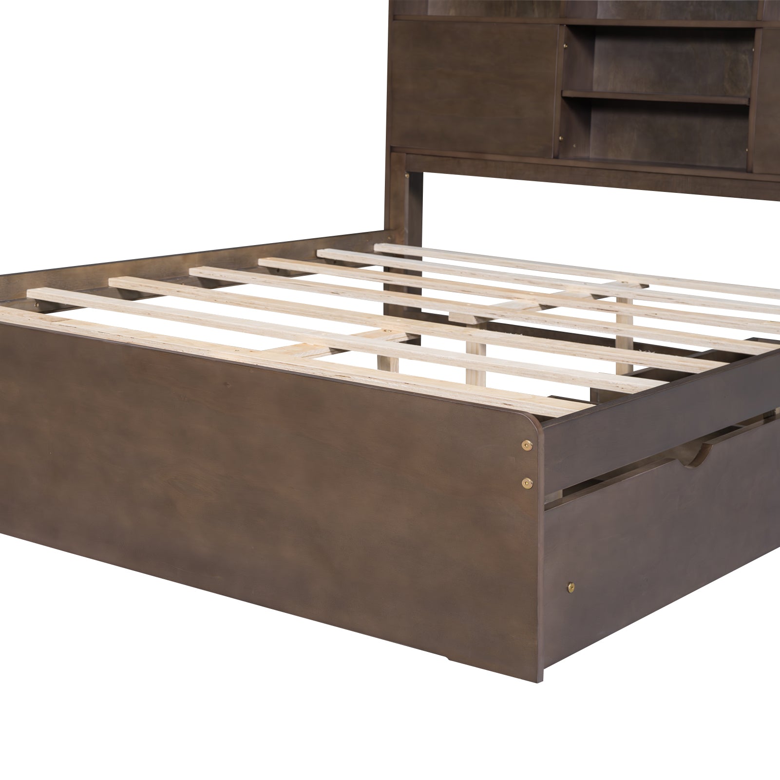 Royard Oaktree Platform Bed with House-shaped Headboard, Multi-functional Wood Platform Bed Frame with 2 Drawers and Storage Shelves, Rustic Bed with Wood Slat Support