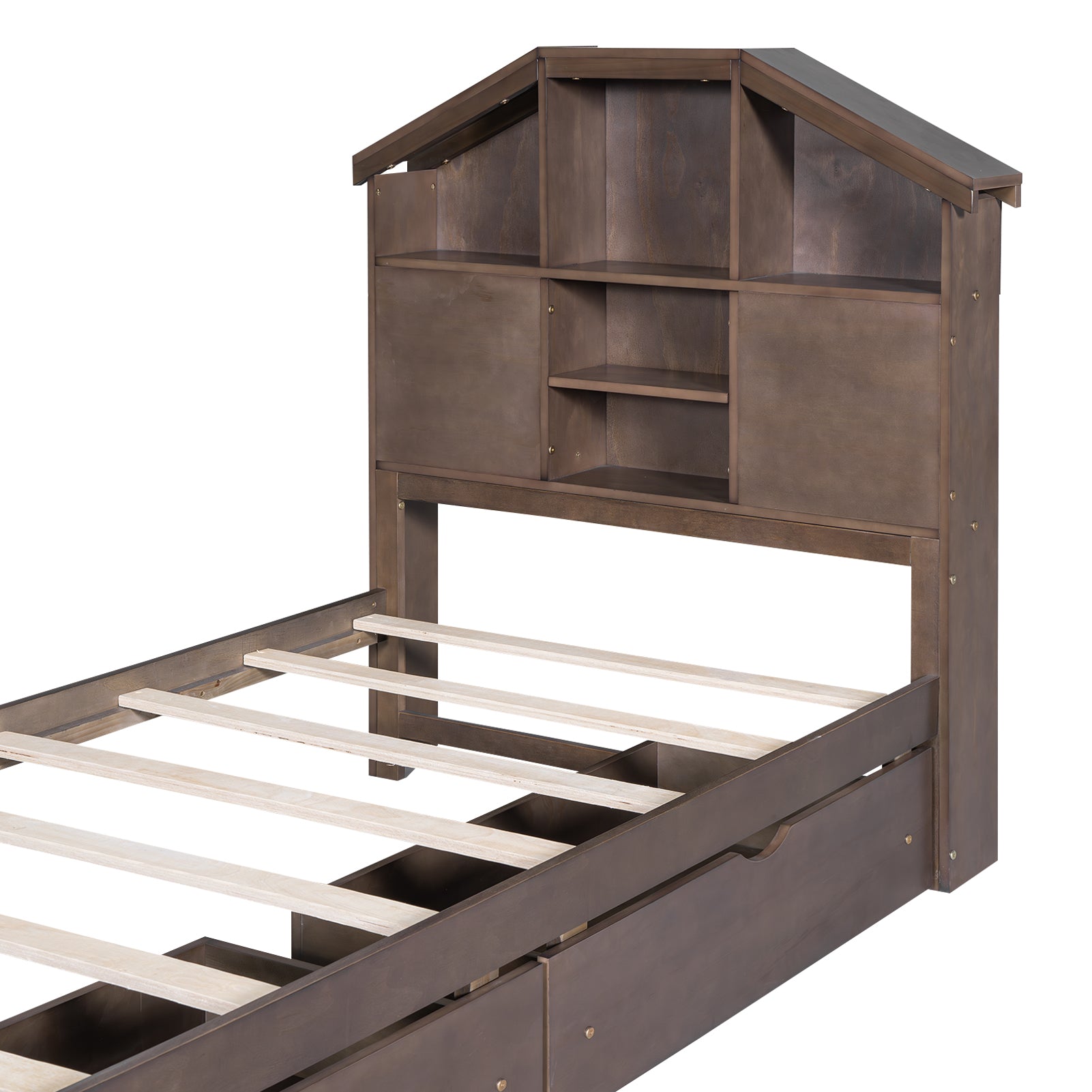 Royard Oaktree Platform Bed with House-shaped Headboard, Multi-functional Wood Platform Bed Frame with 2 Drawers and Storage Shelves, Rustic Bed with Wood Slat Support