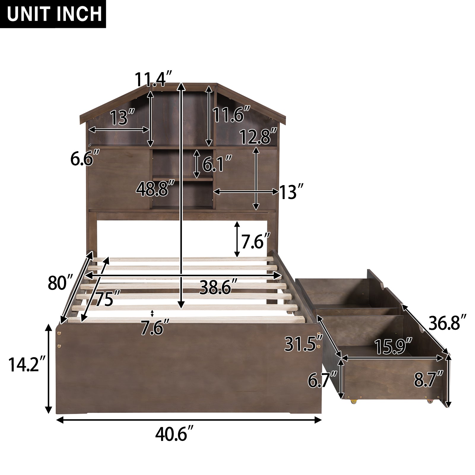 Royard Oaktree Platform Bed with House-shaped Headboard, Multi-functional Wood Platform Bed Frame with 2 Drawers and Storage Shelves, Rustic Bed with Wood Slat Support