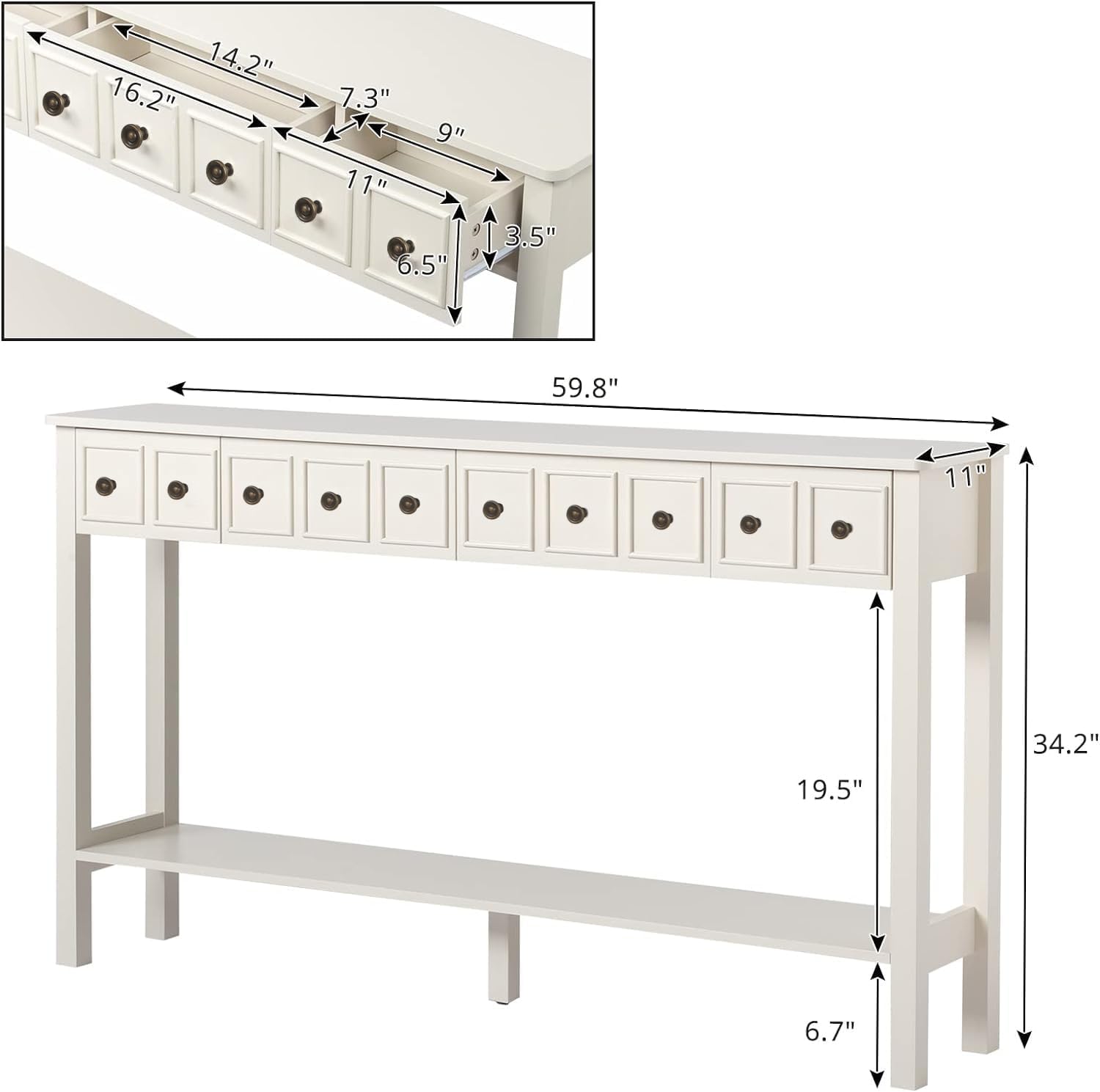 60 Inch Console Table Extra Long Entryway Table with 4 Drawers and Storage Shelf Retro Accent Sofa Table for Living Room,Entryway,Hallway,Antique White