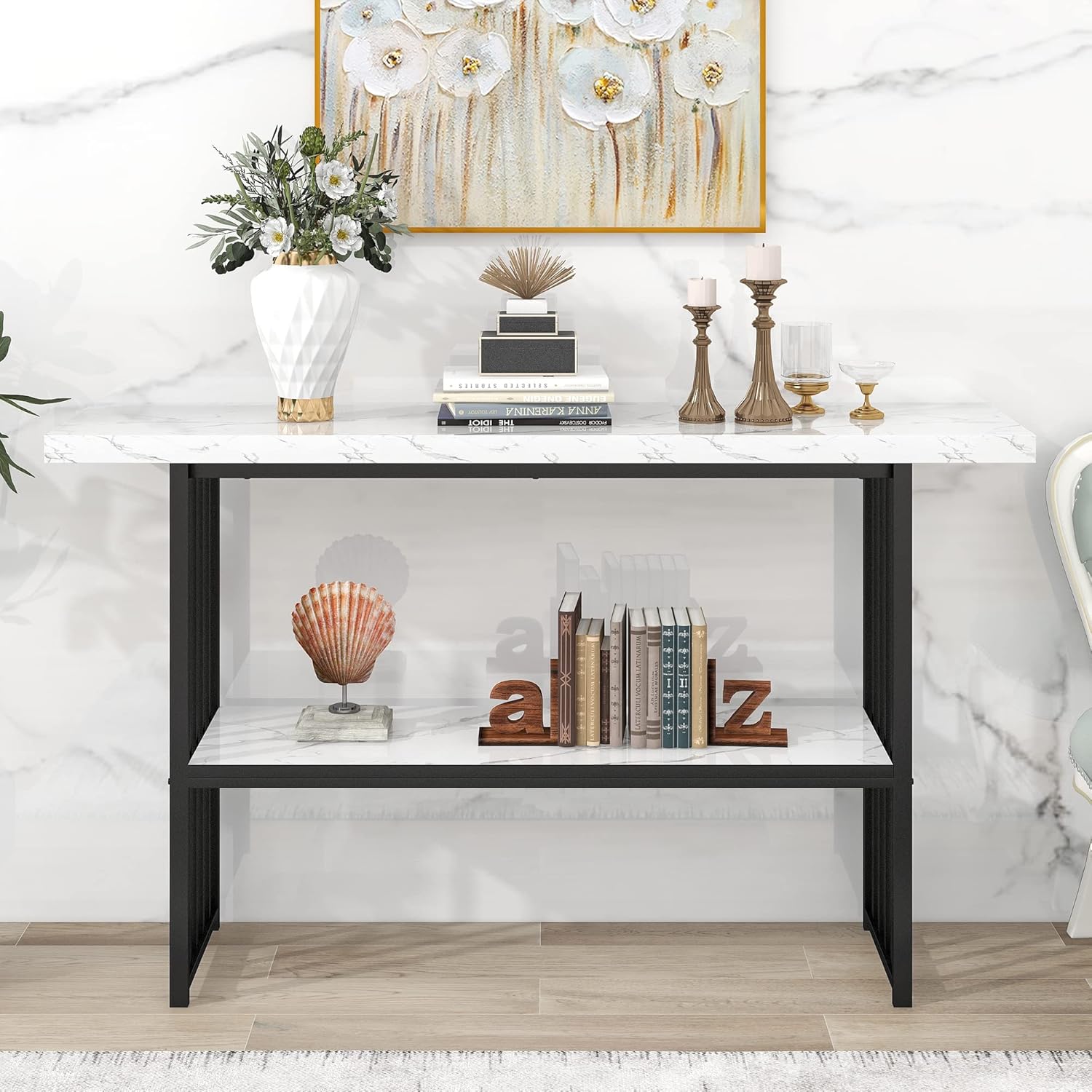 63 Inch Console Table Extra Long Entryway Table with 2 Storage Shelves Narrow Sofa Table Modern Faux Marble Entry Table with Metal Frame for Living Room,Entryway,Hallway,White & Black