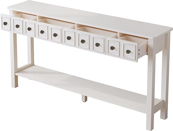 60 Inch Console Table Extra Long Entryway Table with 4 Drawers and Storage Shelf Retro Accent Sofa Table for Living Room,Entryway,Hallway,Antique White