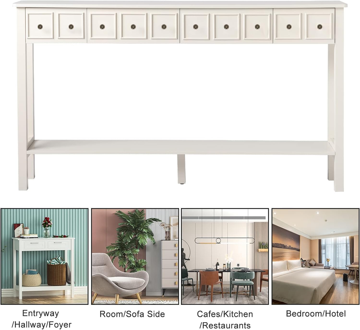 60 Inch Console Table Extra Long Entryway Table with 4 Drawers and Storage Shelf Retro Accent Sofa Table for Living Room,Entryway,Hallway,Antique White