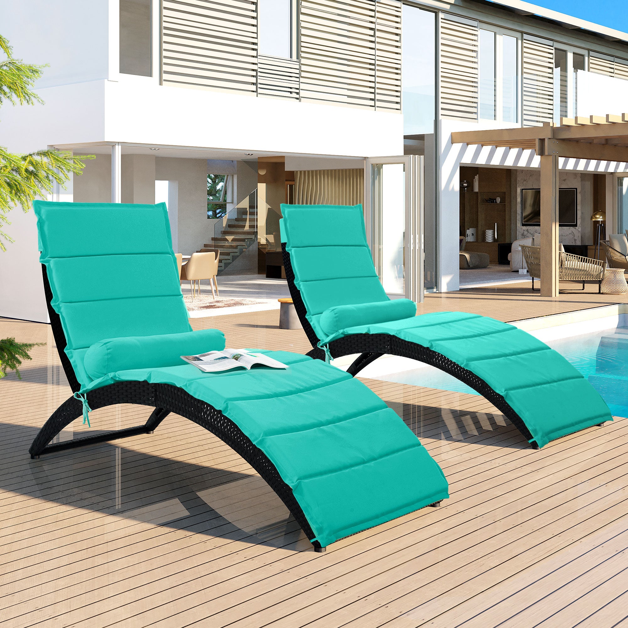 Royard Oaktree Patio Wicker Chaise Lounge Set of 2 Rattan Foldable Lounge Chair with Removable Cushion and Pillow Outdoor Sunbathing Reclining Chair for Poolside Beach Deck