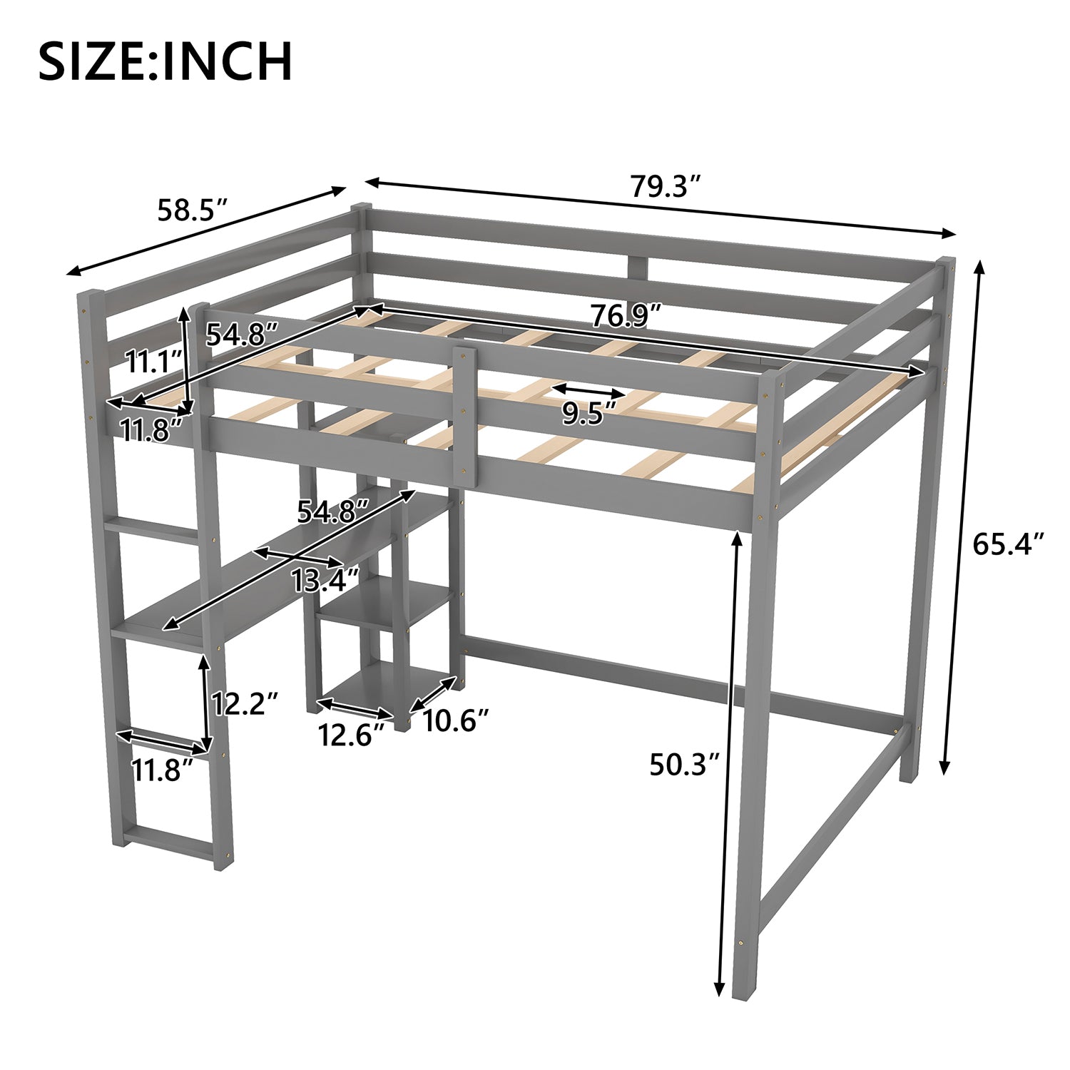 Royard Oaktree Full Size Loft Bed with Built-in Desk and Shelves Wood Loft Bed Frame with Guardrail and Ladder, No Box Spring Needed