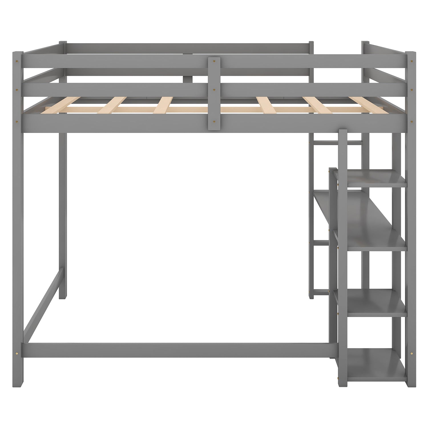 Royard Oaktree Full Size Loft Bed with Built-in Desk and Shelves Wood Loft Bed Frame with Guardrail and Ladder, No Box Spring Needed