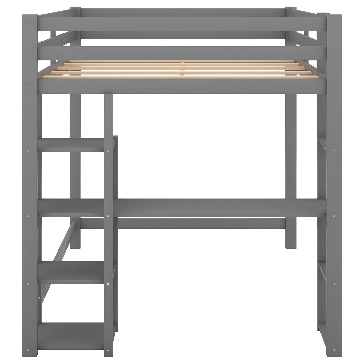 Royard Oaktree Full Size Loft Bed with Built-in Desk and Shelves Wood Loft Bed Frame with Guardrail and Ladder, No Box Spring Needed