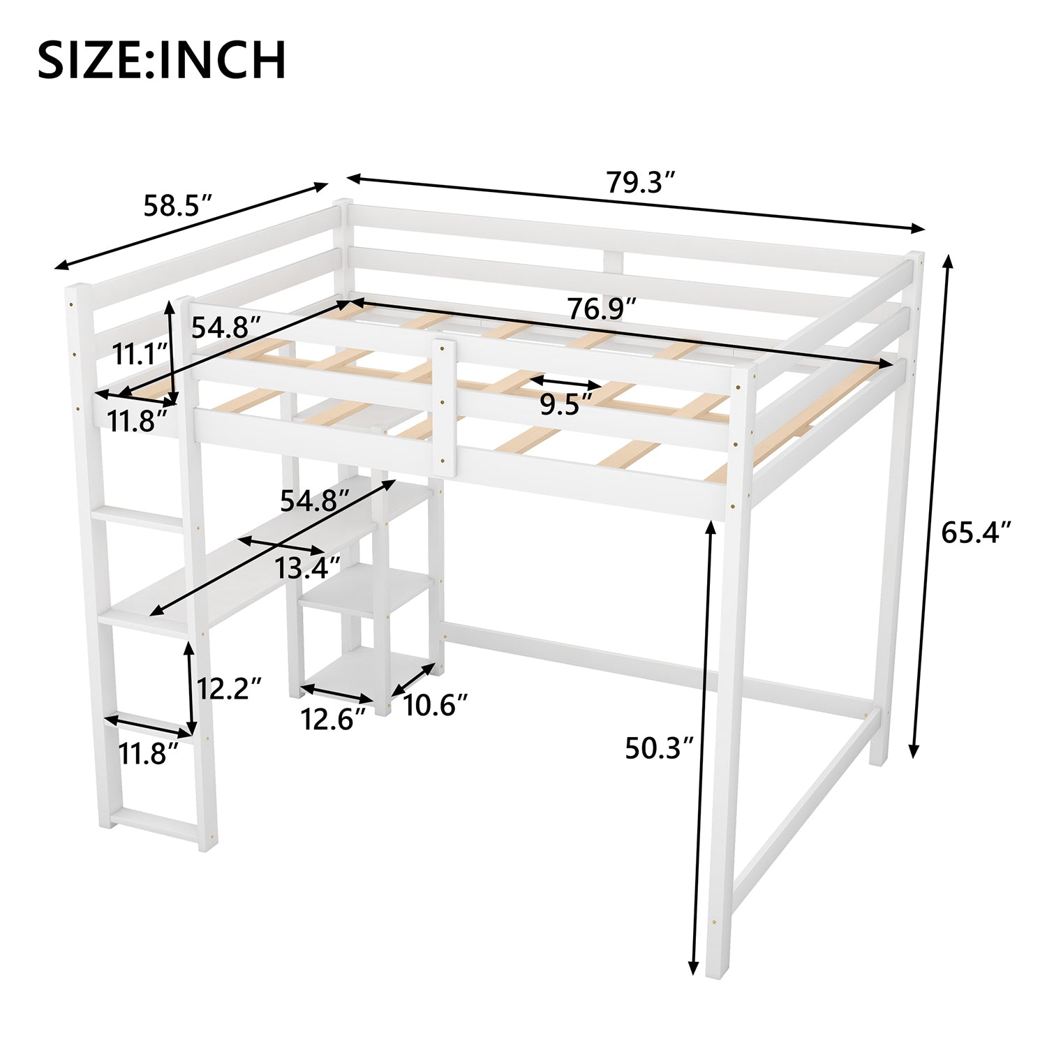 Royard Oaktree Full Size Loft Bed with Built-in Desk and Shelves Wood Loft Bed Frame with Guardrail and Ladder, No Box Spring Needed