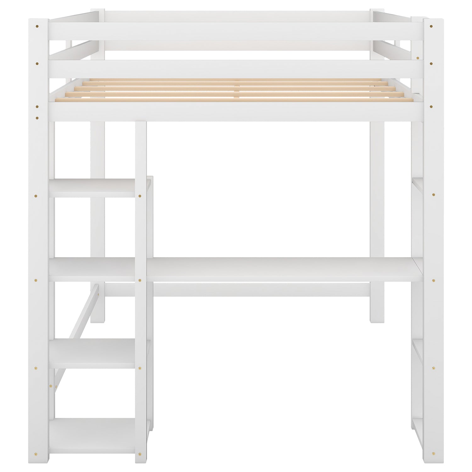 Royard Oaktree Full Size Loft Bed with Built-in Desk and Shelves Wood Loft Bed Frame with Guardrail and Ladder, No Box Spring Needed