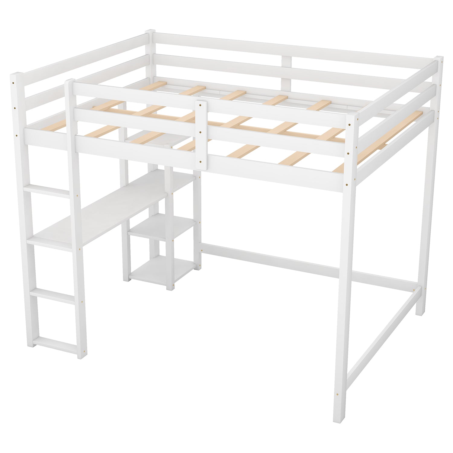 Royard Oaktree Full Size Loft Bed with Built-in Desk and Shelves Wood Loft Bed Frame with Guardrail and Ladder, No Box Spring Needed