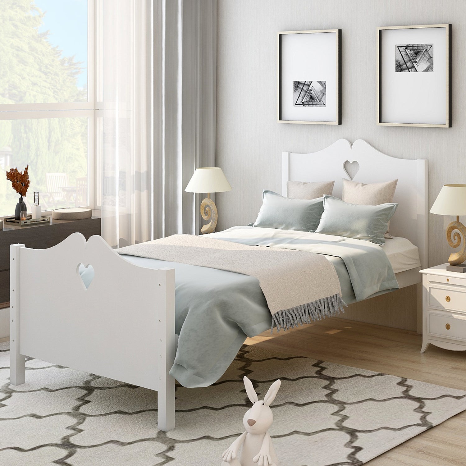 Royard Oaktree Twin Size Platform Bed with Heart-Shape Headboard and Footboard Cute Wood Bed Frame with Slats for Girls