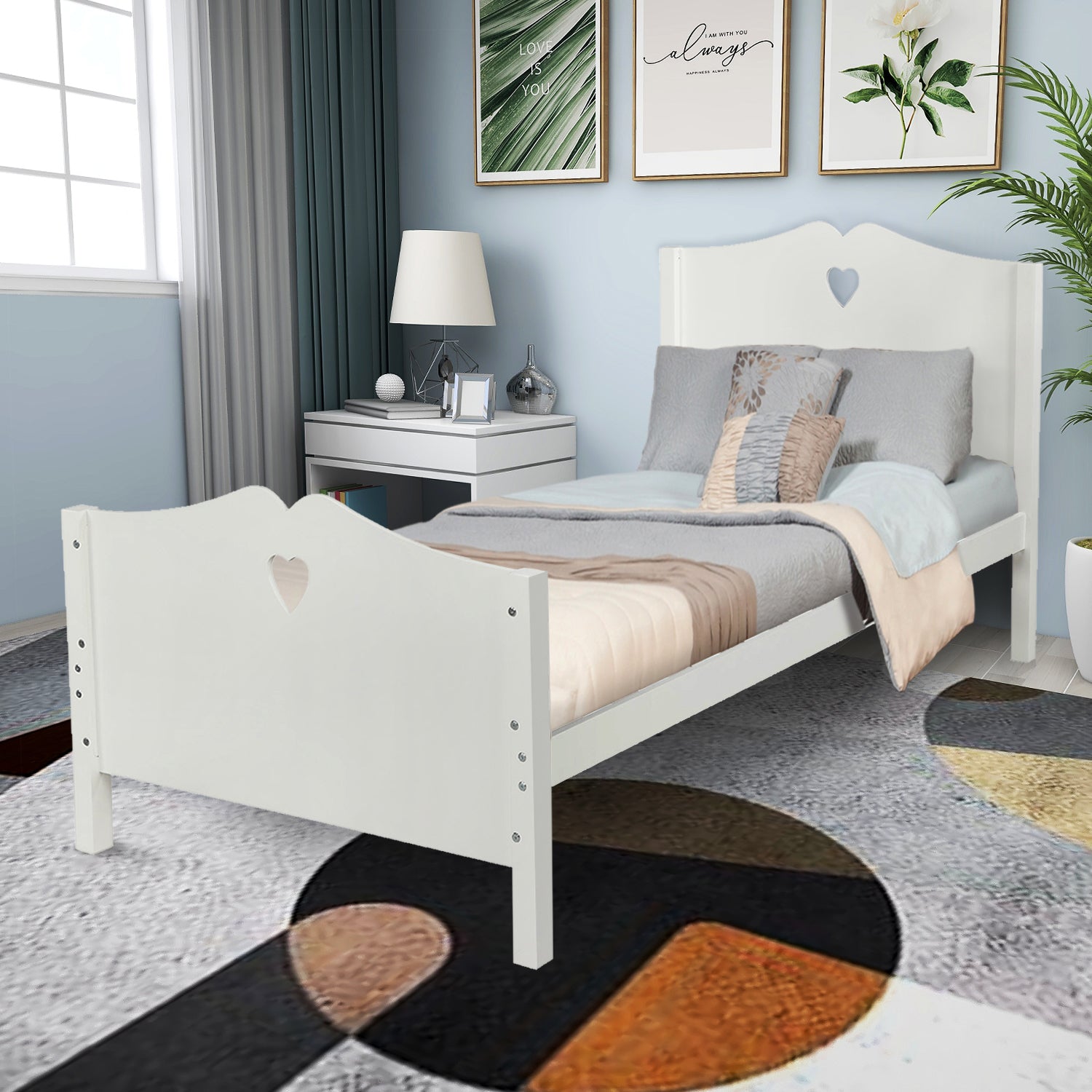 Royard Oaktree Twin Size Platform Bed with Heart-Shape Headboard and Footboard Cute Wood Bed Frame with Slats for Girls