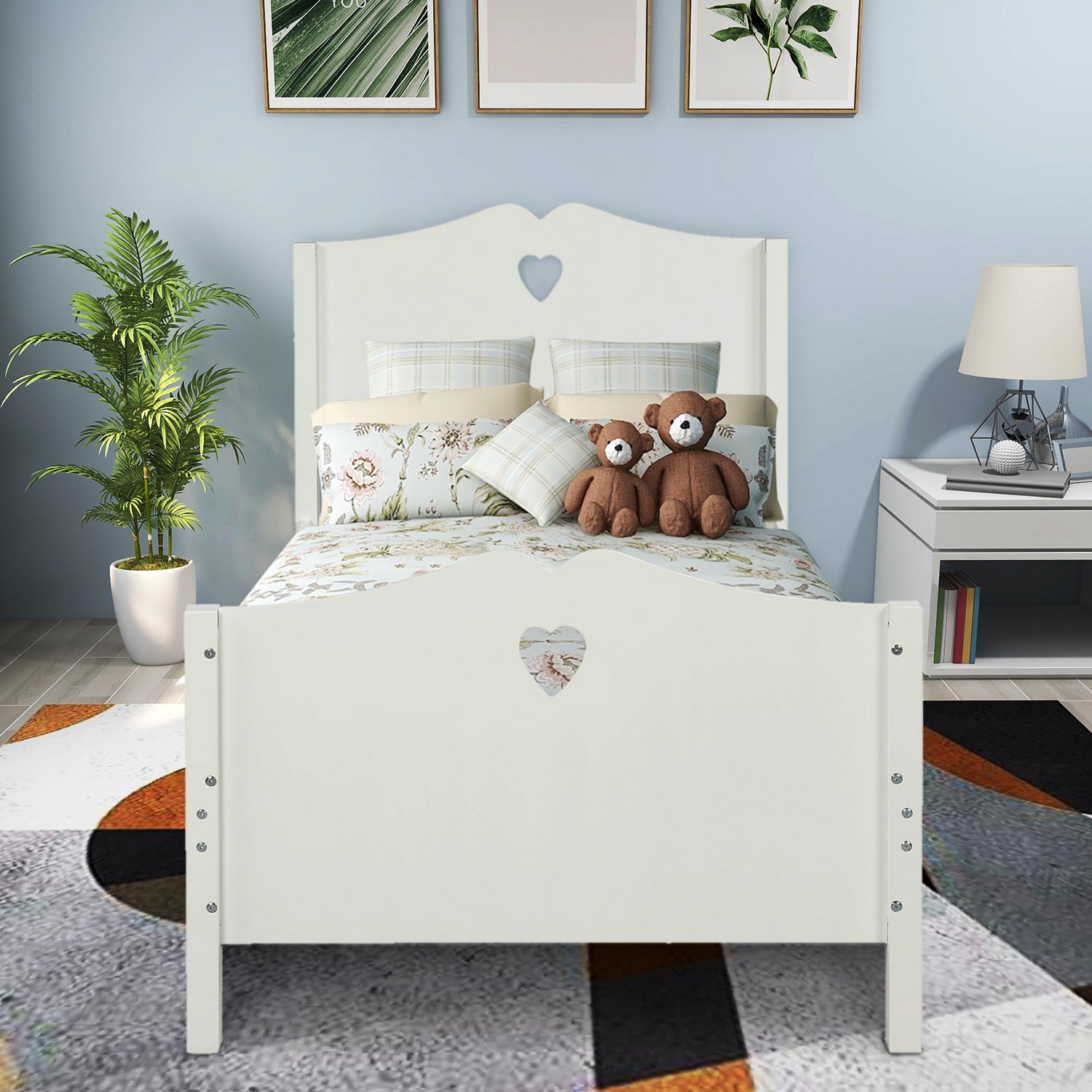 Royard Oaktree Twin Size Platform Bed with Heart-Shape Headboard and Footboard Cute Wood Bed Frame with Slats for Girls