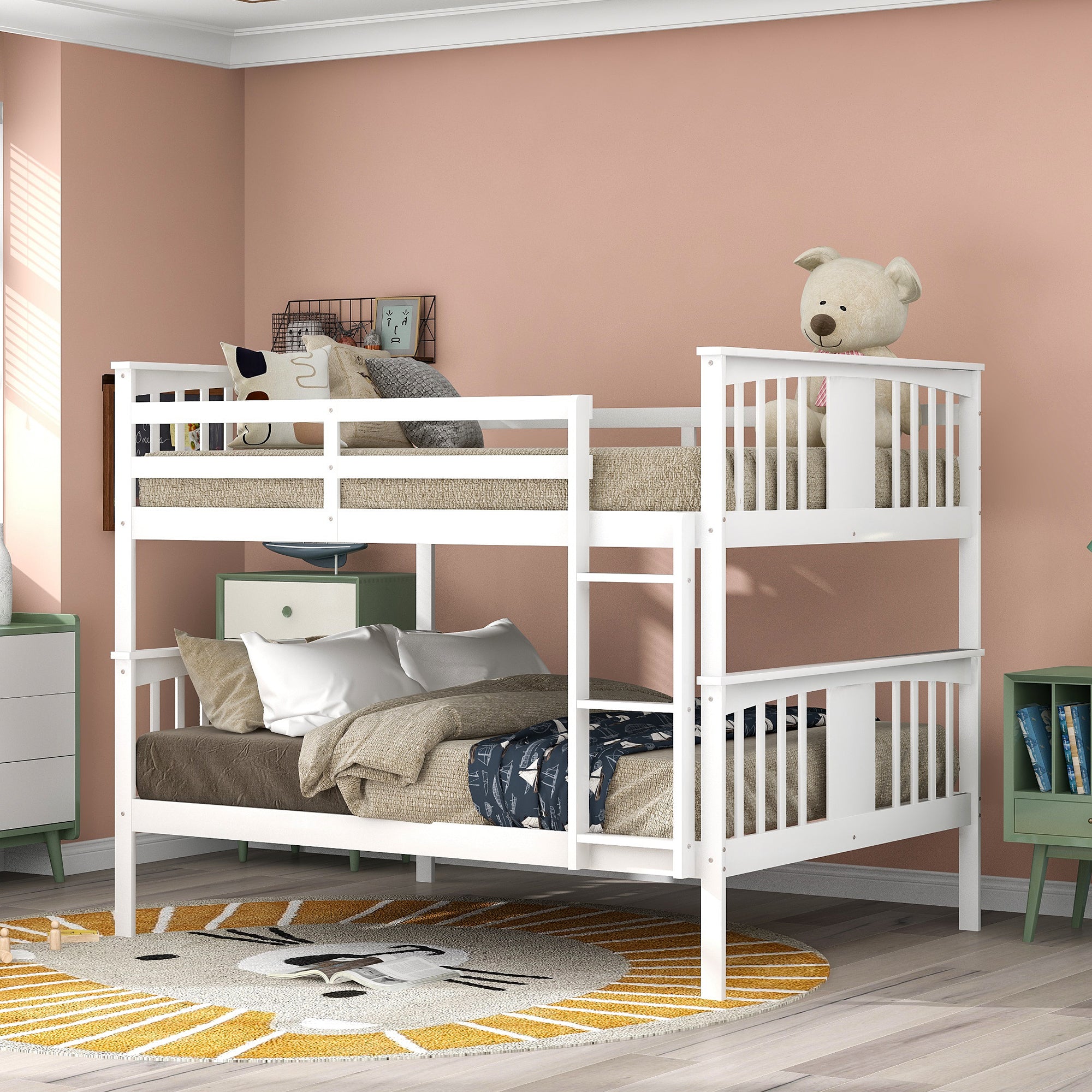 Royard Oaktree Full over Full Bunk Bed with Ladder and Guardrails Wood Bunk Bed Frame with Headboard and Footboard, Wood Slats, No Box Spring Needed