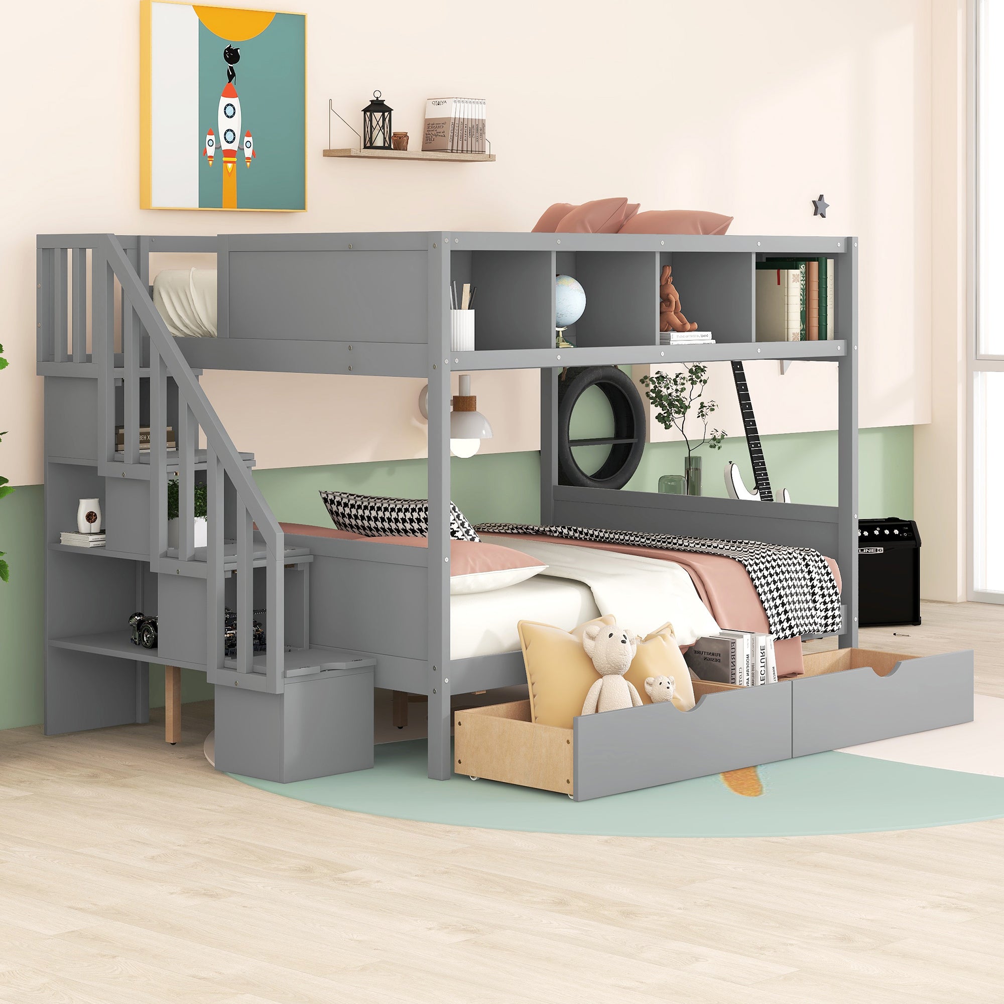 Royard Oaktree Twin over Full Bunk Bed with Top Shelves and Under-Bed Drawers Wood Bunk Bed Frame with Storage Staircase and Guardrail