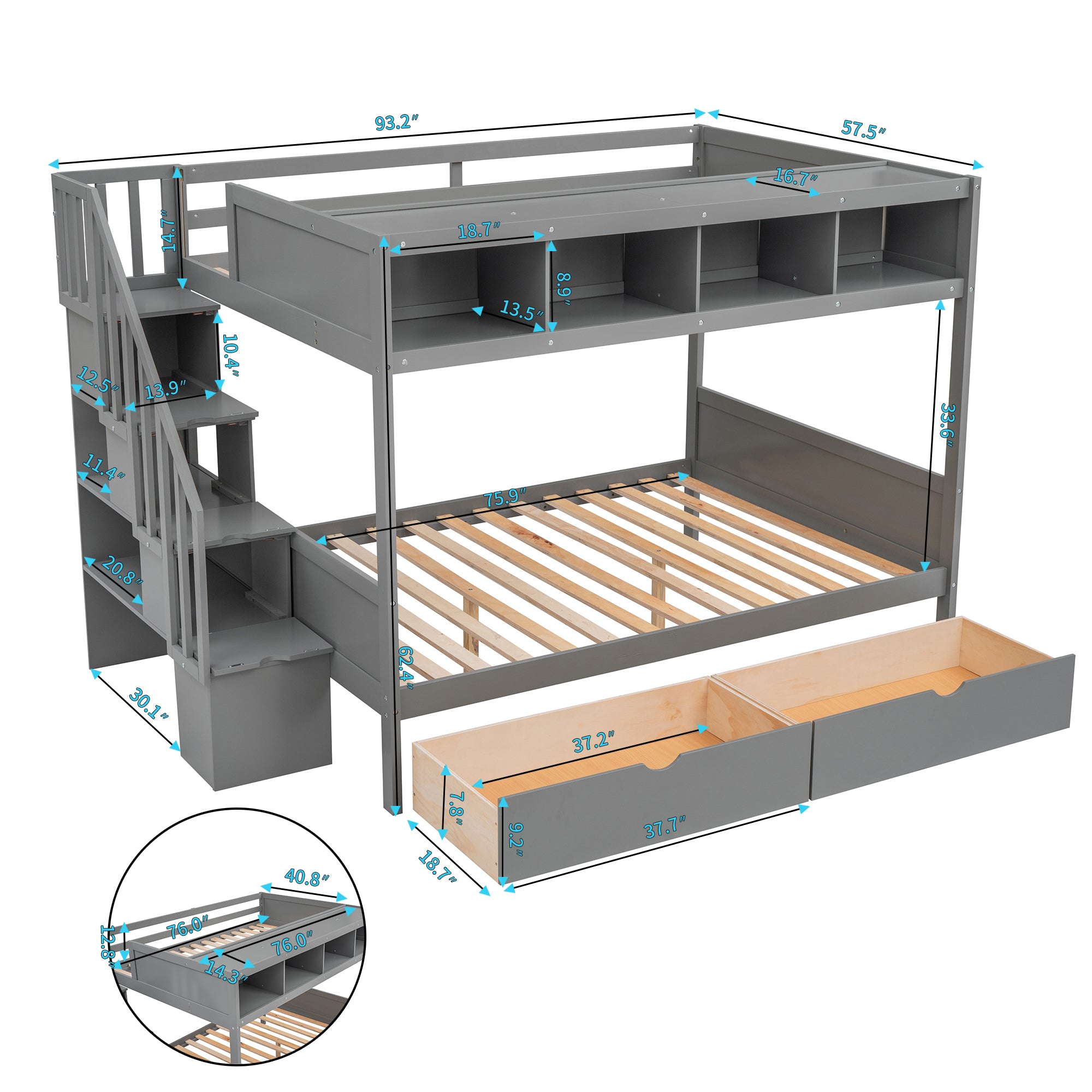 Royard Oaktree Twin over Full Bunk Bed with Top Shelves and Under-Bed Drawers Wood Bunk Bed Frame with Storage Staircase and Guardrail