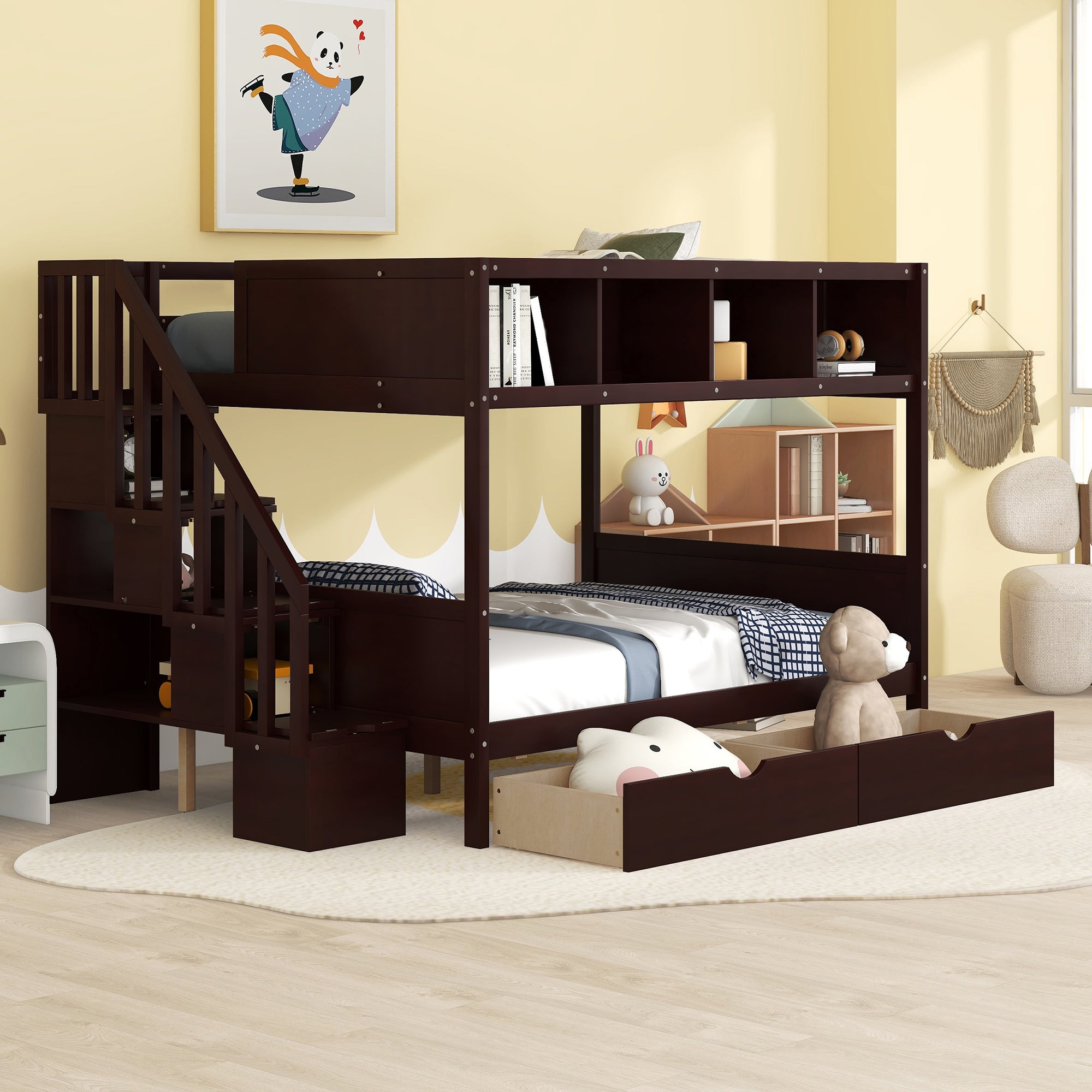 Royard Oaktree Twin over Full Bunk Bed with Top Shelves and Under-Bed Drawers Wood Bunk Bed Frame with Storage Staircase and Guardrail