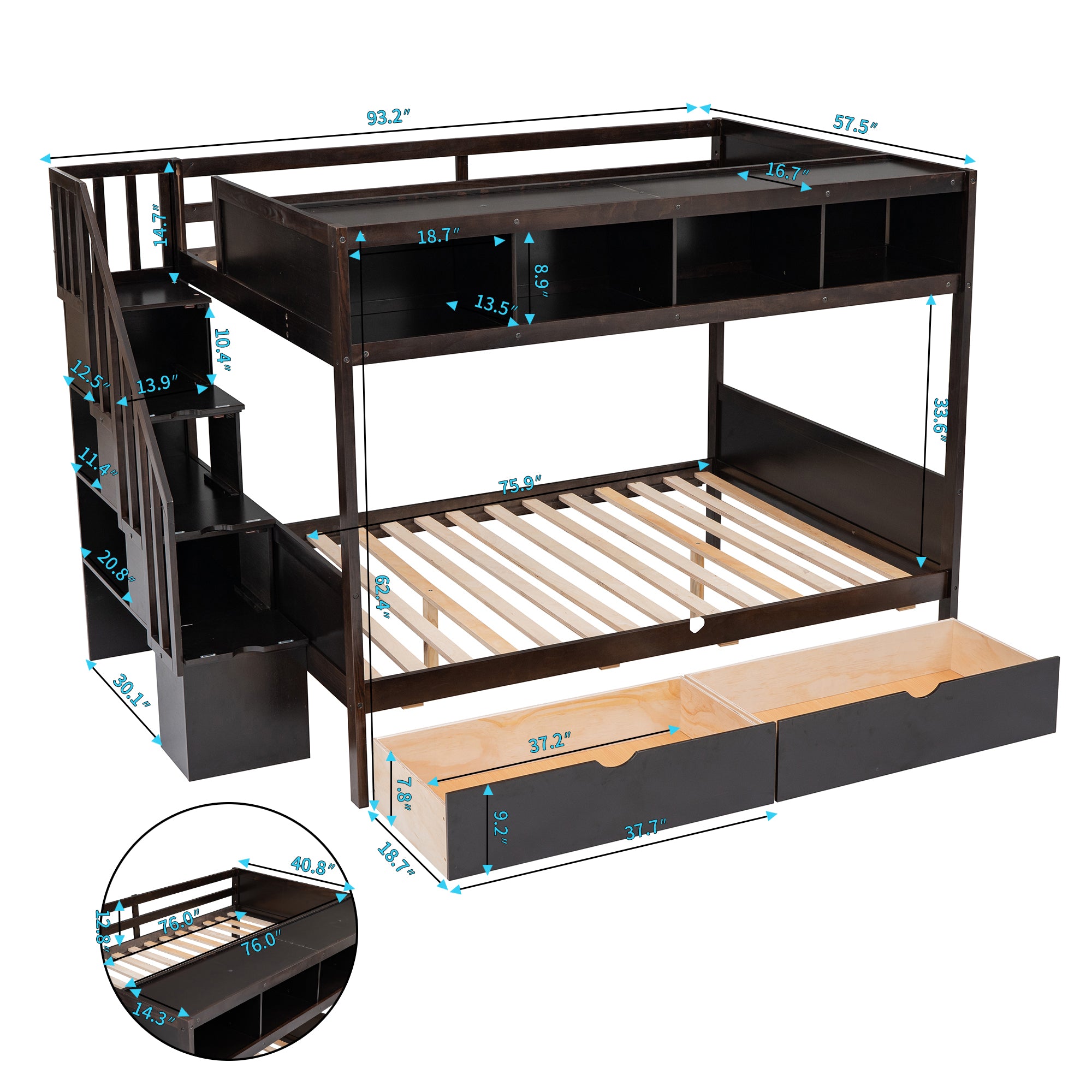 Royard Oaktree Twin over Full Bunk Bed with Top Shelves and Under-Bed Drawers Wood Bunk Bed Frame with Storage Staircase and Guardrail